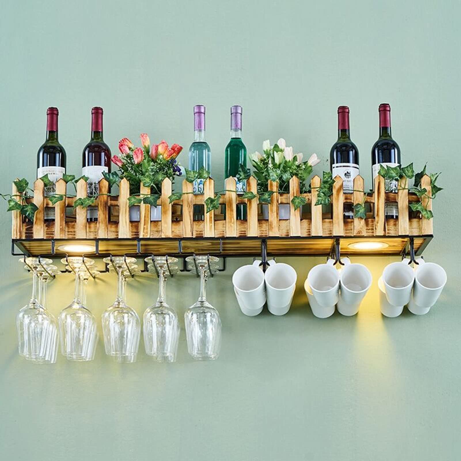 Multifunctional LED Ceiling Wine Rack with Adjustable Shelves - Industrial Style Hanging Glass Holder for Kitchen, Bar, Dining Room & Living Room Decor (100x25x21cm) - Perfect for Home Entertaining & Wine Storage Organization