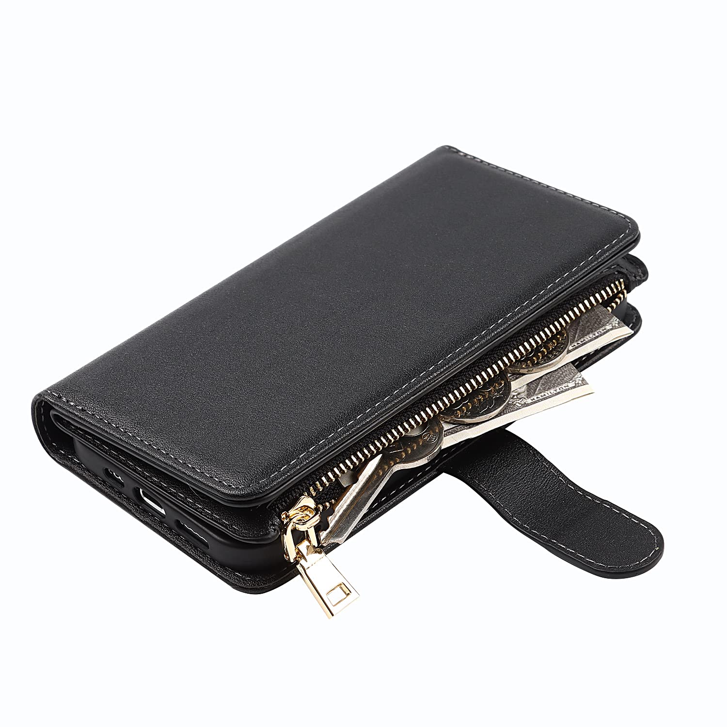 Premium Leather Wallet Phone Case for iPhone 13 Pro Max - 9 Card Slots, Zipper Coin Pocket & 2 Cash Slots with Kickstand & Lanyard (Black) | Perfect for Everyday Use, Travel & Hands-Free Convenience
