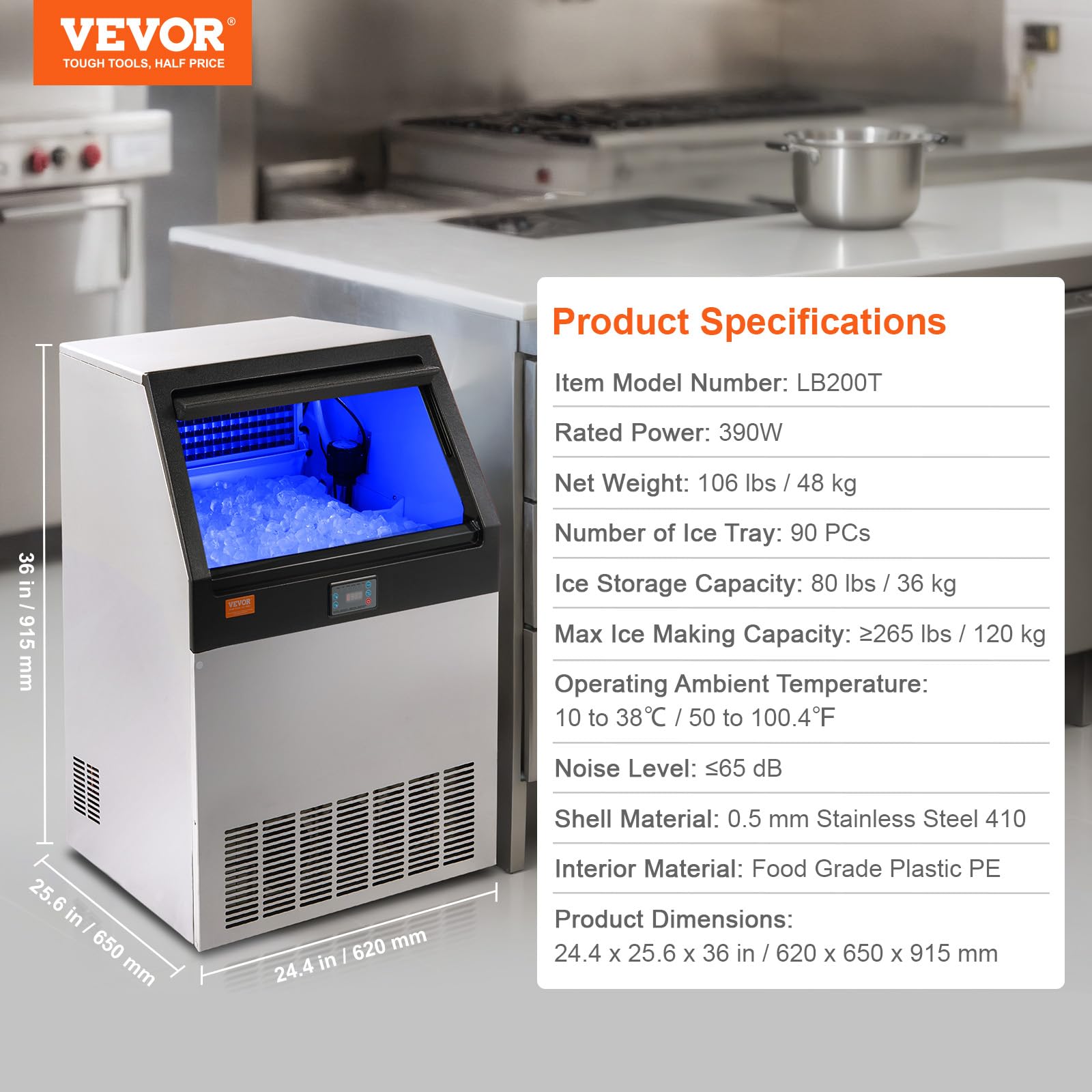 VEVOR Commercial Ice Maker Machine 265LBS/24H with 80LBS Storage - Fast 12-15 Minute Ice Production (90 Cubes) - Perfect for Bars, Restaurants, Home & Office Use - Countertop Ice Machine for Cocktails, Beverages & Food Display