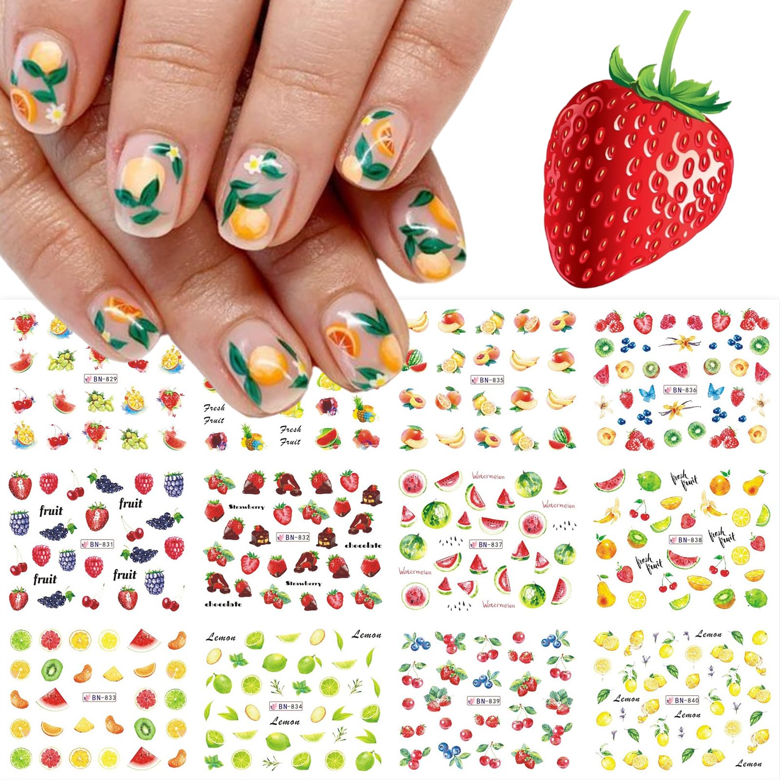 Premium Water Transfer Nail Stickers - Large Fruit Designs (Apple, Orange, Peach, Watermelon, Holographic Strawberry & Lemon) | DIY Nail Art Supplies for Women | Perfect for Summer, Parties, Vacations & Everyday Nail Decor