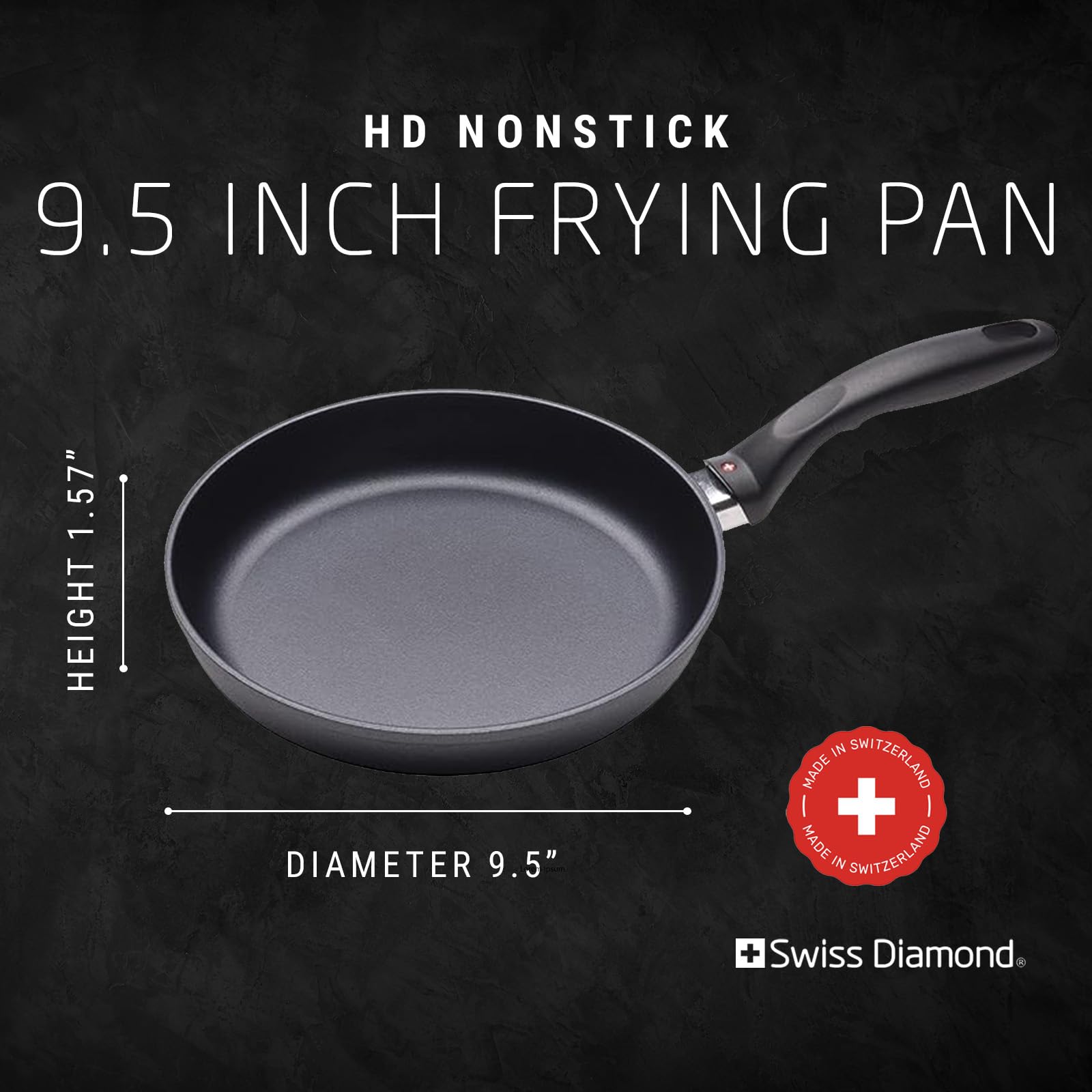 Swiss Diamond 9.5 Inch Nonstick Frying Pan - Diamond Coated Aluminum Skillet with Stainless Steel Handle | Dishwasher & Oven Safe | Perfect for Sautéing, Frying & Cooking Eggs | Professional Kitchen & Home Use
