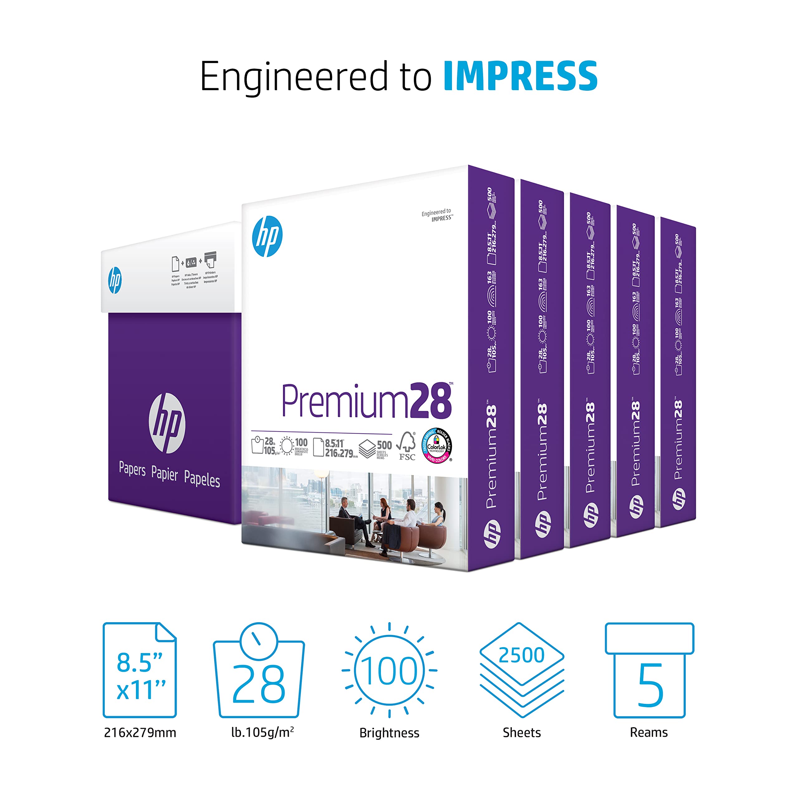 HP Premium 28 lb 8.5 x 11 Paper - 5 Ream Case (2500 Sheets) | 100 Bright White | FSC Certified | Made in USA | Ideal for Office Printing, Copying & Professional Documents