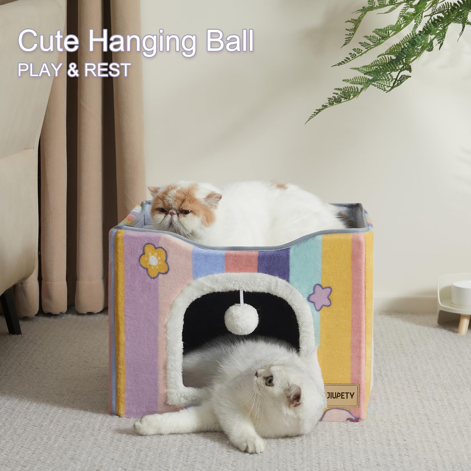 Jiupety Foldable Cat Bed for 2 Cats - Large Indoor Cat House with Scratch Pad & Toy Ball - 17in Pink Rainbow Cat Cave Cube for Hideaway - Perfect for Kittens, Multi-Cat Homes & Cozy Nap Spaces