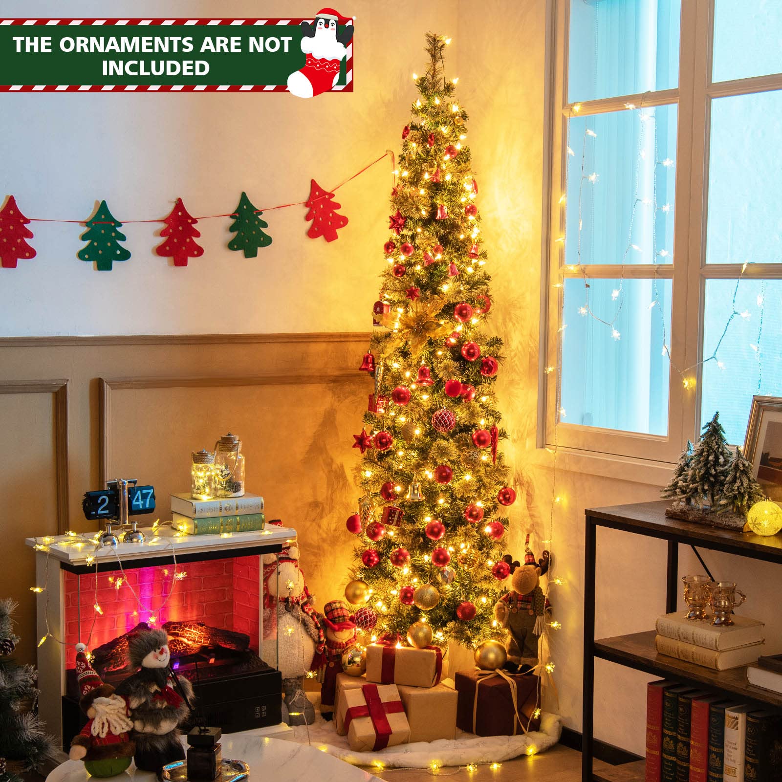 Goplus 7ft Pre-Lit Artificial Christmas Tree with 150 Warm White LED Lights, 403 Branch Tips - Foldable PVC Pine Needle Xmas Tree with Metal Stand for Indoor Home, Office, Party Holiday Decor | Perfect for Living Room, Bedroom & Festive Celebrations