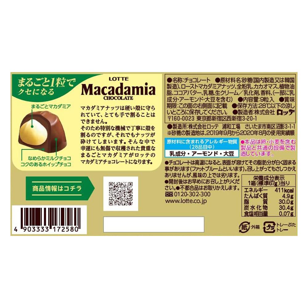 Lotte Macadamia Chocolate Bars - 9 Tablets x10 Pack (90 Pieces Total) - Premium Korean Snacks for Gifts, Office Treats & Dessert Time