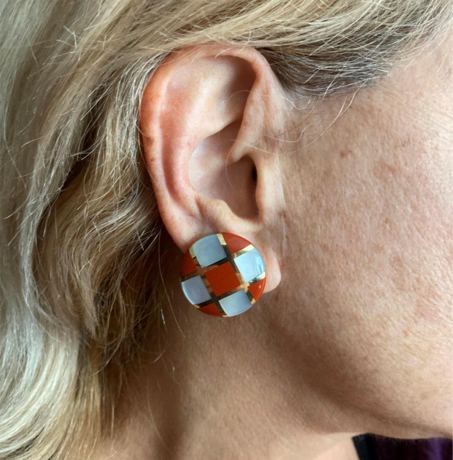 Tiffany & Co Cummings 18k Gold Mother of Pearl Carnelian Checkerboard Earrings - Luxury Jewelry for Women, Perfect for Weddings, Parties & Special Occasions