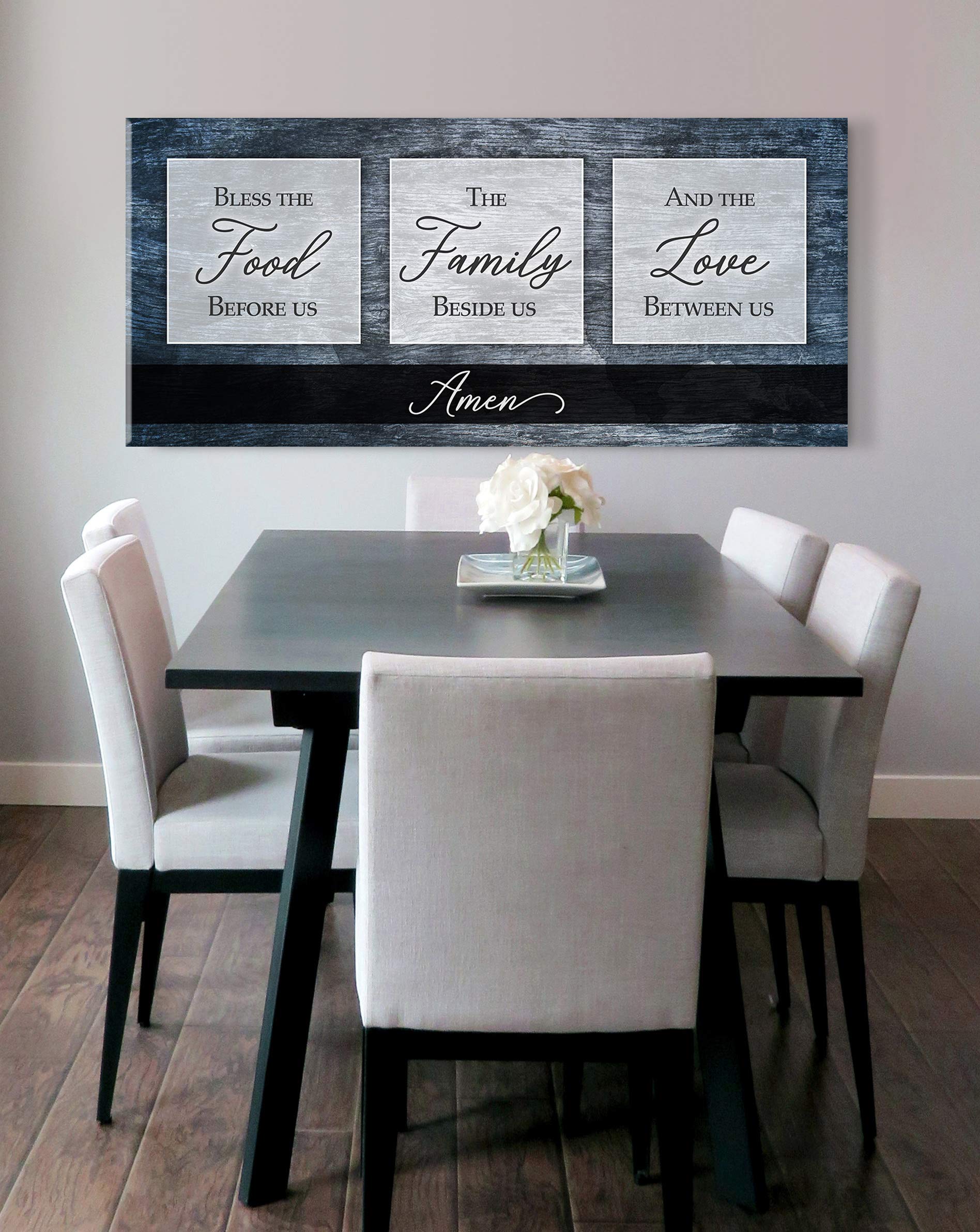 Bless the Food V2 Blue Framed Kitchen Wall Art Sign - 60x27 Inches Rustic Dining Room Decor for Farmhouse & Modern Homes - Perfect for Kitchens, Dining Areas & Entryways