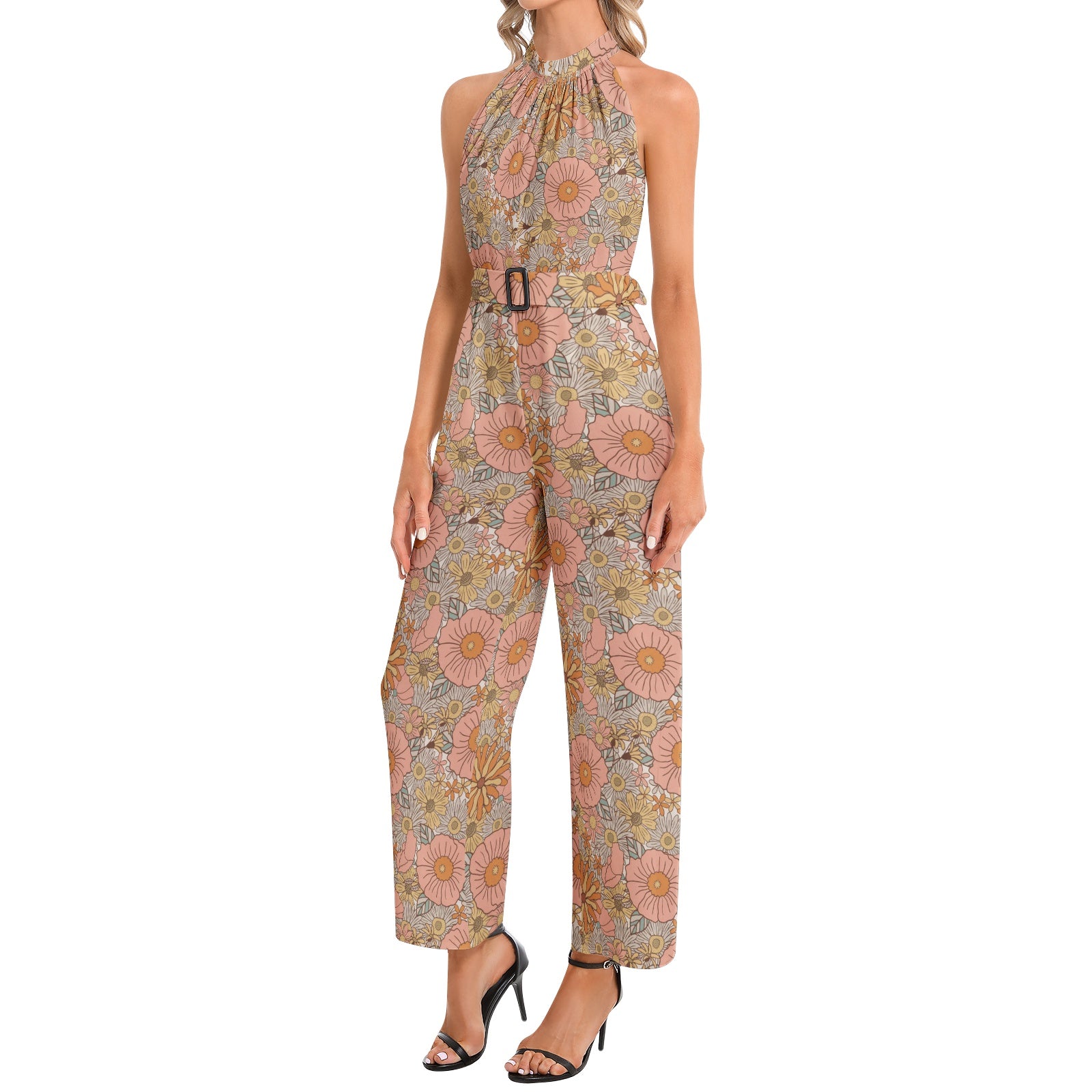 Women's Halter Neck Buckle Belted Jumpsuit - Pink Floral Print Romper for Summer, Beach, and Party Wear
