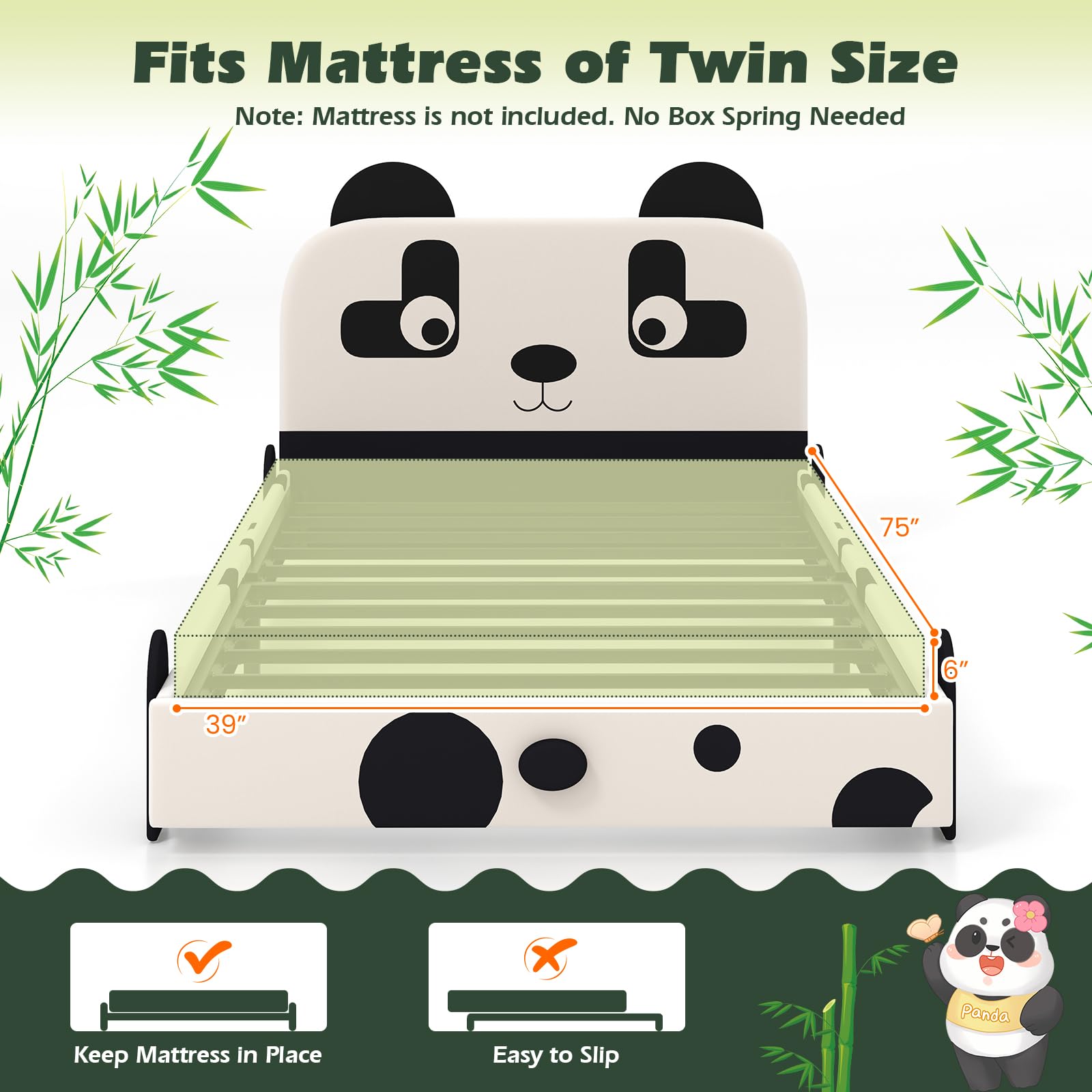 Costzon Twin Bed Frame for Kids - Sturdy Metal Platform with Slat Support & Padded Headboard, No Box Spring Needed, Easy Assembly (Cute Panda Design) | Perfect for Kids' Bedroom, Guest Room & Small Spaces