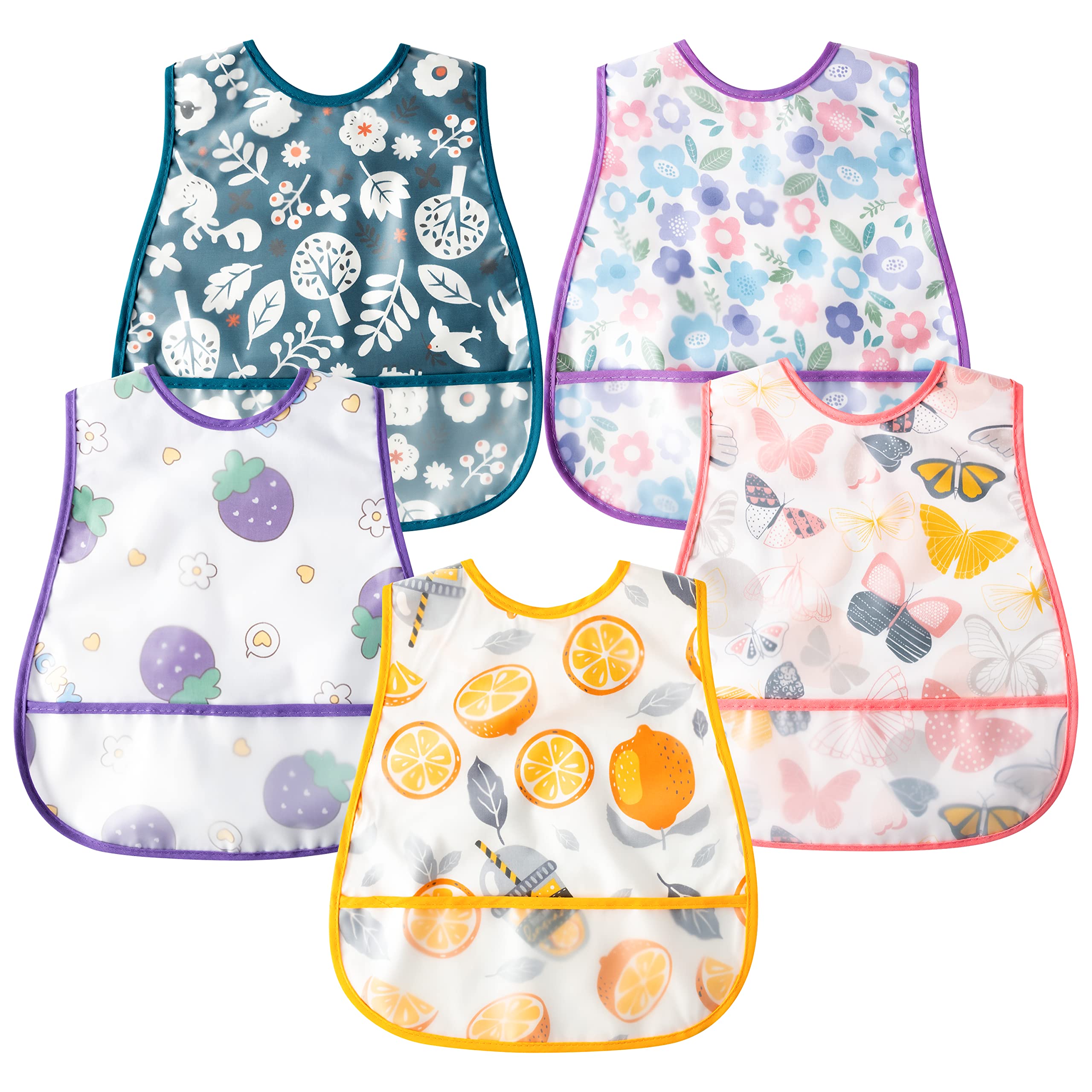 R HORSE 5Pcs Waterproof Baby Bibs Set with Crumb Catcher Pocket & Snap Button - Soft Feeding Bibs for Toddlers 6-24 Months - Ideal for Mealtime, Snacks, and Messy Play