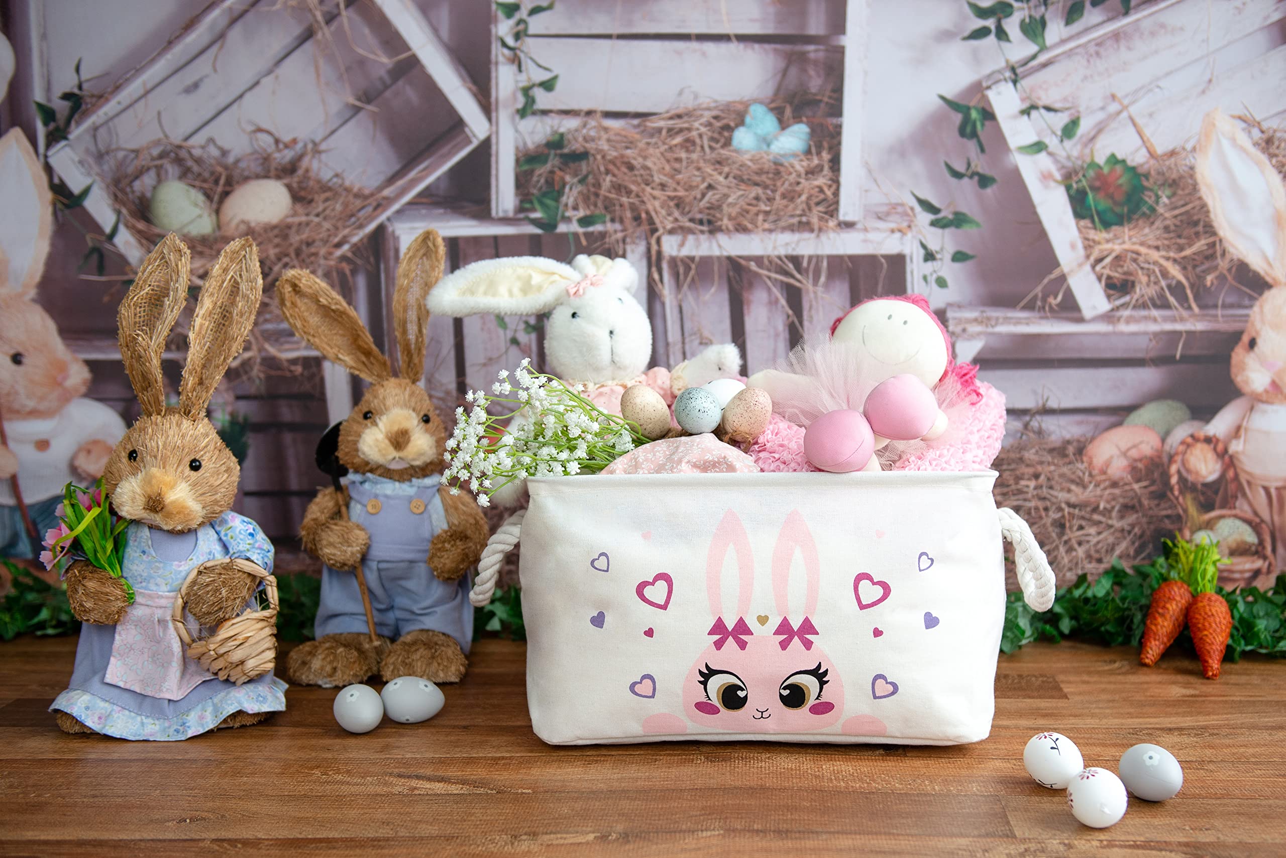 Kazulo Pink Bunny Easter Basket - Rectangle Rabbit Easter Basket for Kids, Boys & Girls - Perfect for Easter Egg Hunts, Party Favors, and Spring Decorations
