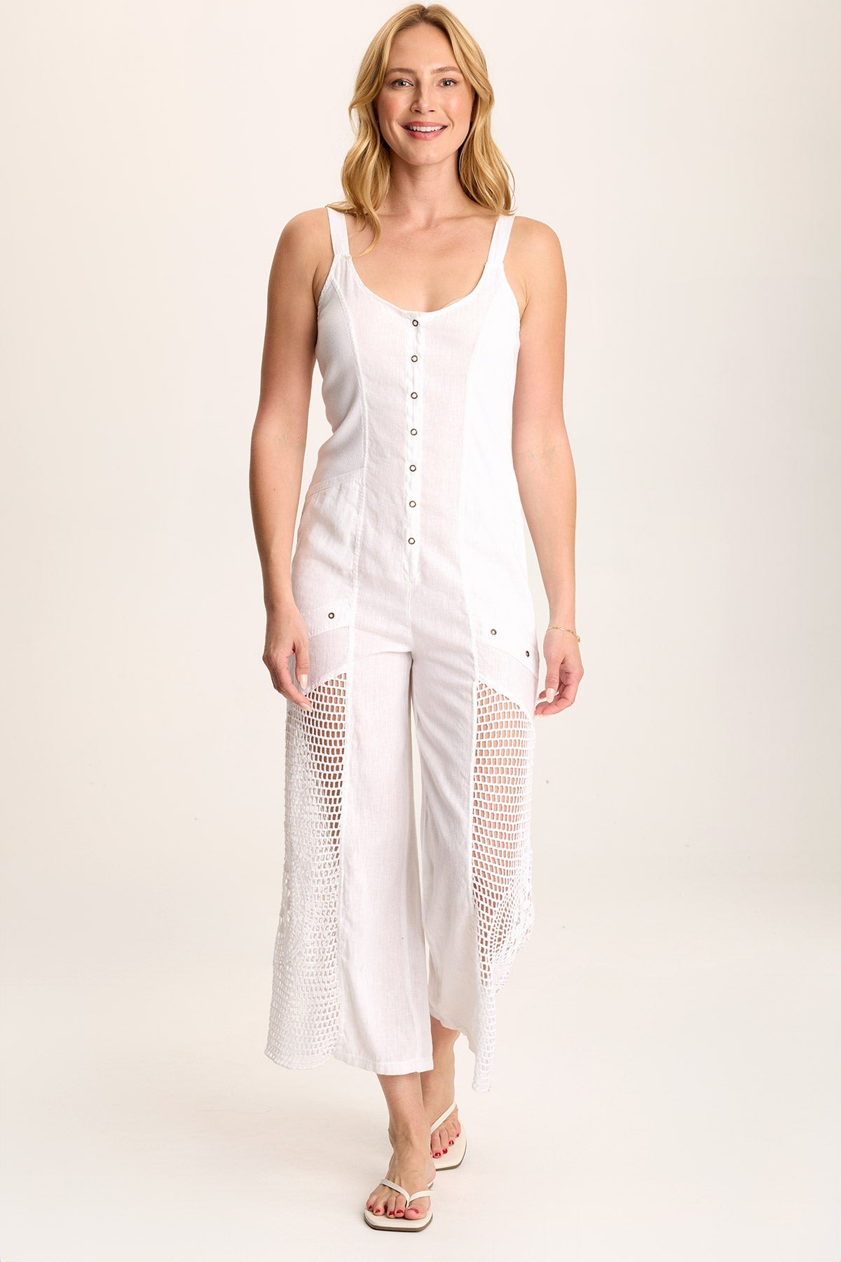 Anamita Women's Linen Crochet Jumpsuit - Bohemian Summer Romper with Floral Embroidery | Perfect for Beach Vacations, Music Festivals & Casual Outings