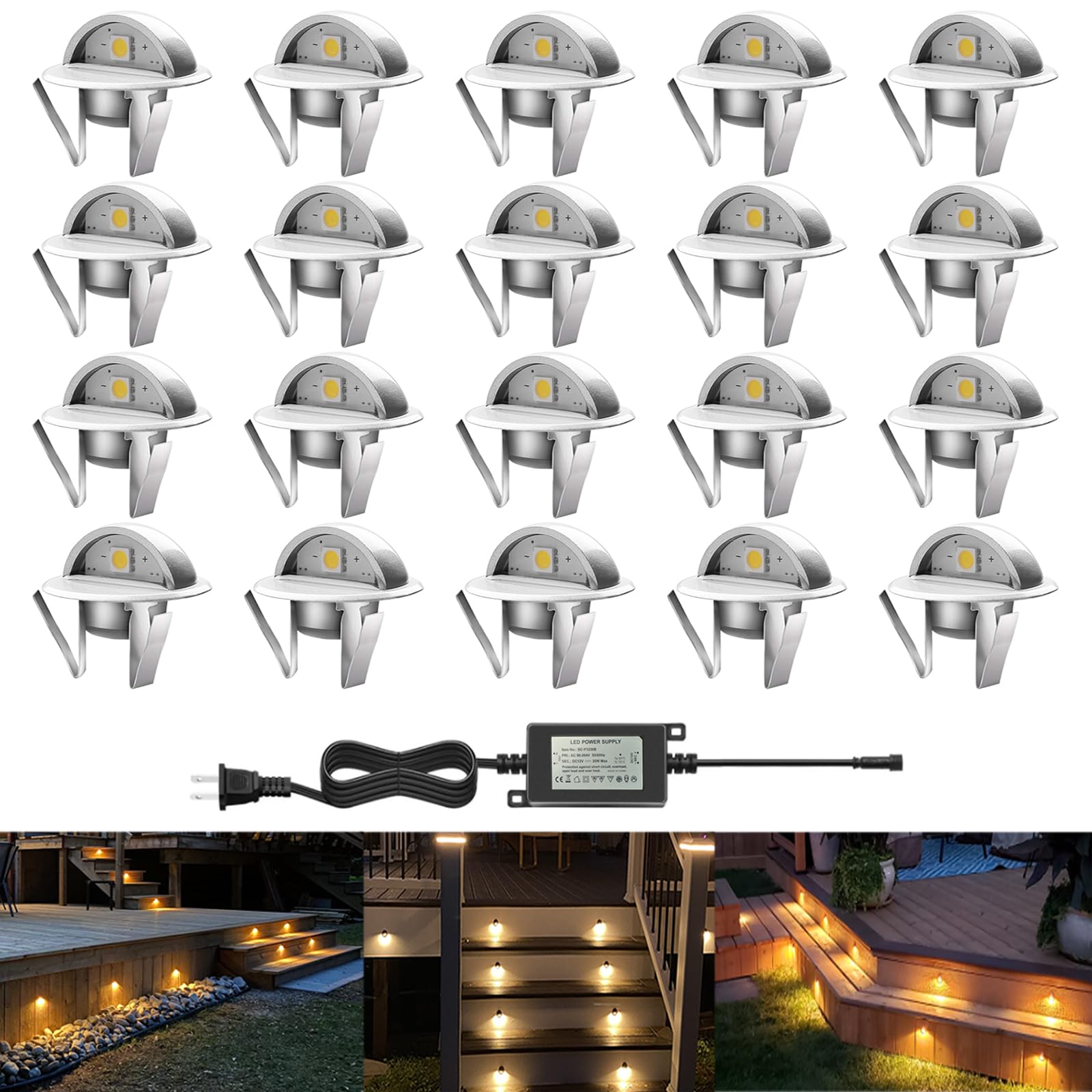 20 Pack Warm White LED Outdoor Deck Lights - 1.38 Inch Low Voltage 12V DC IP65 Waterproof Recessed Step Lighting for Stairs, Yard, Garden & Landscape (Silver) | Perfect for Patio, Walkway & Driveway Illumination