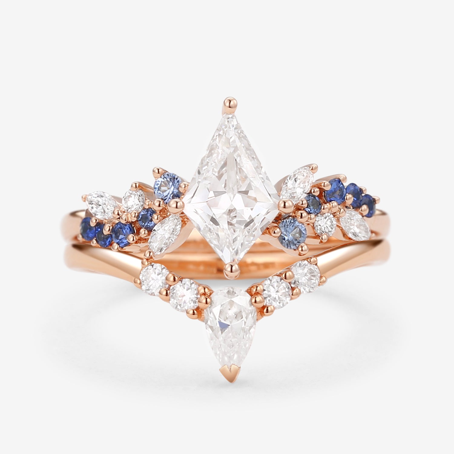 Lab Grown Diamond & Sapphire Cluster Engagement Ring Set - 2 Piece Wedding Band for Women - Perfect for Proposals, Anniversaries & Special Occasions