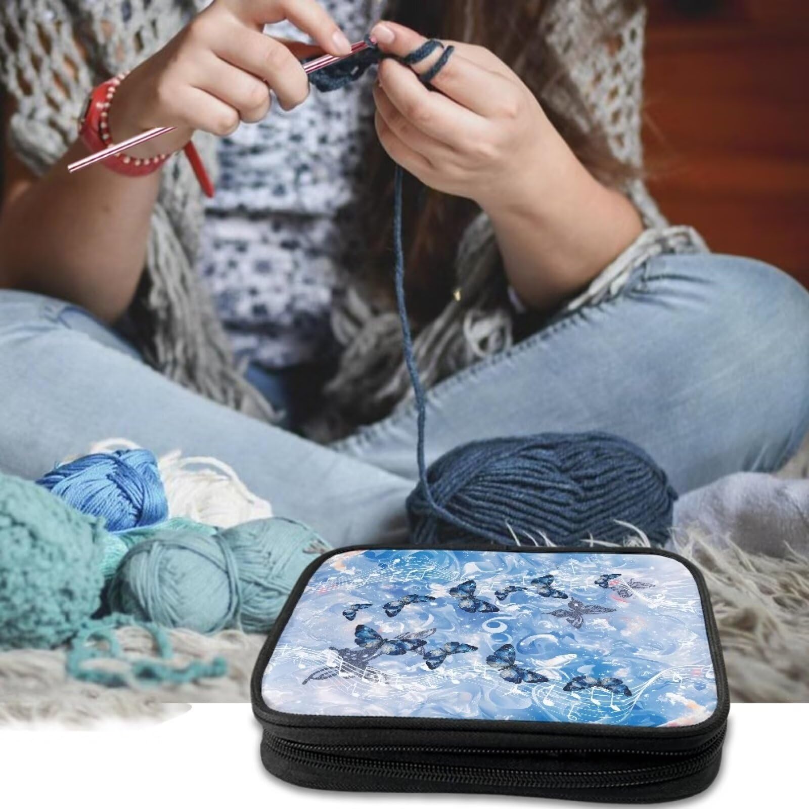 Hechitok Butterfly Marble Crochet Hook Case - Zippered Storage Organizer Bag with Web Pockets for Crochet Needles, Knitting Accessories & Crochet Hook Kit Tools - Portable & Easy to Hold - Perfect for Knitting Projects, Yarn Crafts & Travel Organization