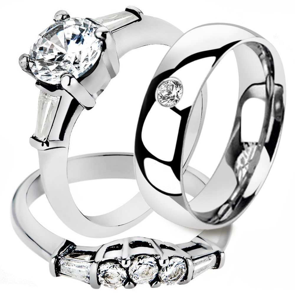 His & Her 3-Piece Stainless Steel Wedding Set with 2.38ct CZ - Perfect for Bridal & Anniversary Gifts