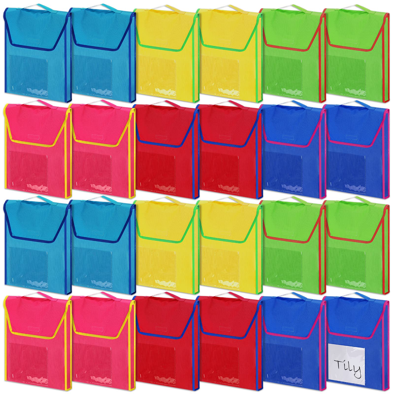 24 Pack Large Book Pouches & Book Buddy Bags for Classroom - Bulk Reading Storage Bags with 25 Name Tags (15