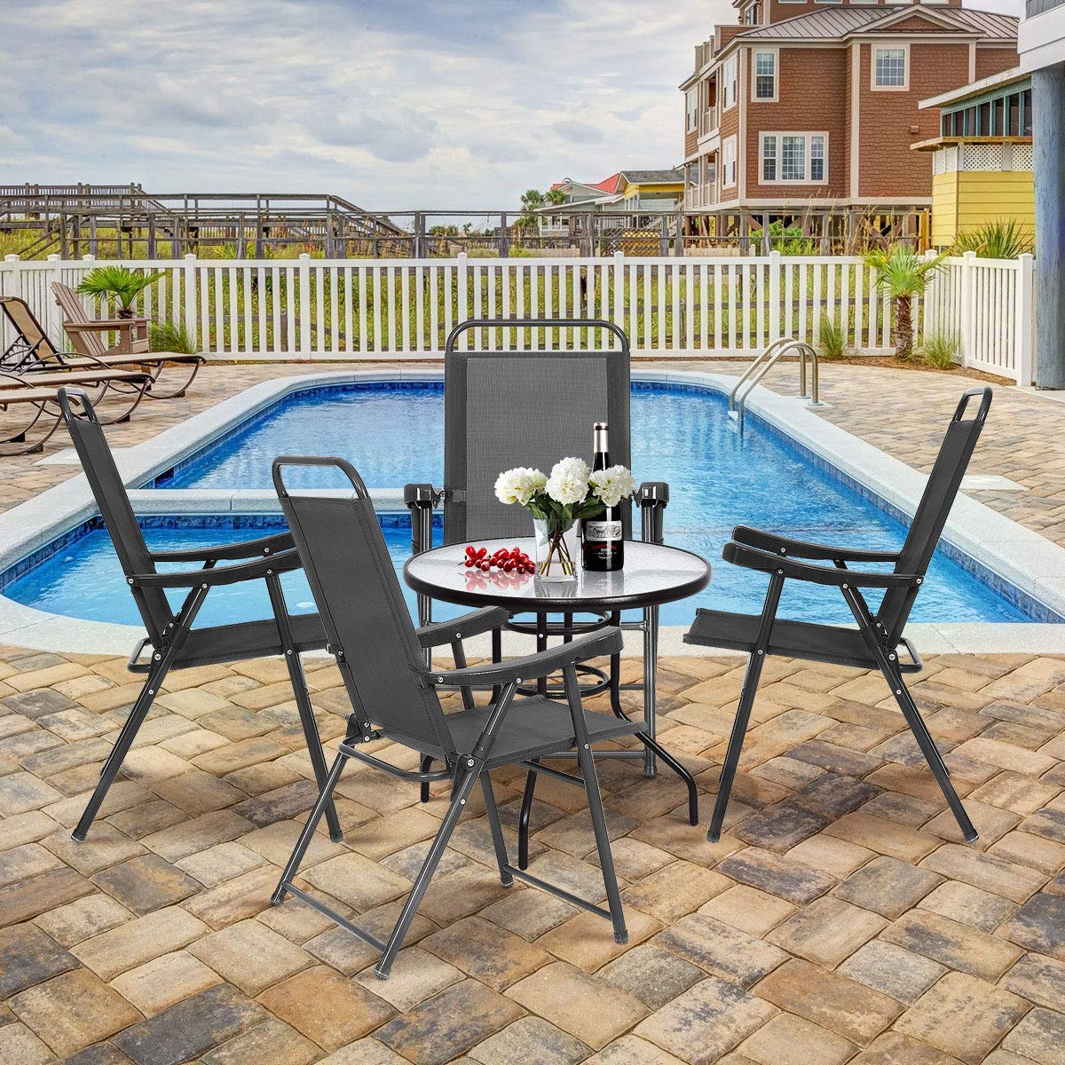 GOFLAME Set of 4 Folding Sling Chairs with Armrests - Lightweight Portable Outdoor & Indoor Patio Furniture for Backyard, Poolside, Lawn, Garden, and Camping - Perfect for Relaxing, Lounging, and Entertaining Guests