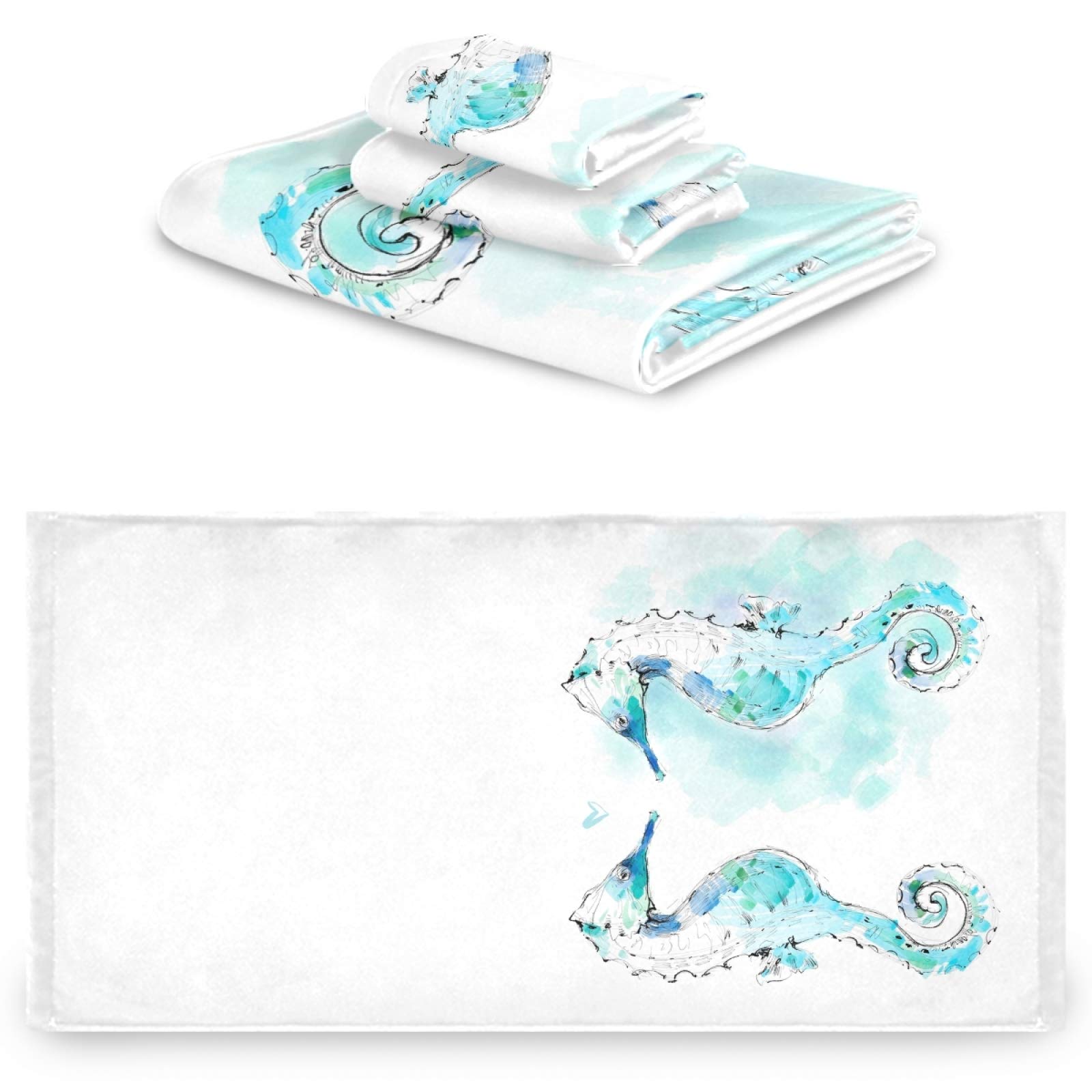 Cute Seahorse Luxury Bath Towel Set - 3 Piece Soft Decorative Towels (1 Bath, 1 Hand, 1 Washcloth) for Bathroom, Hotel, Gym, Spa & Kitchen | Perfect for Beach House Decor, Guest Bathrooms & Spa Days