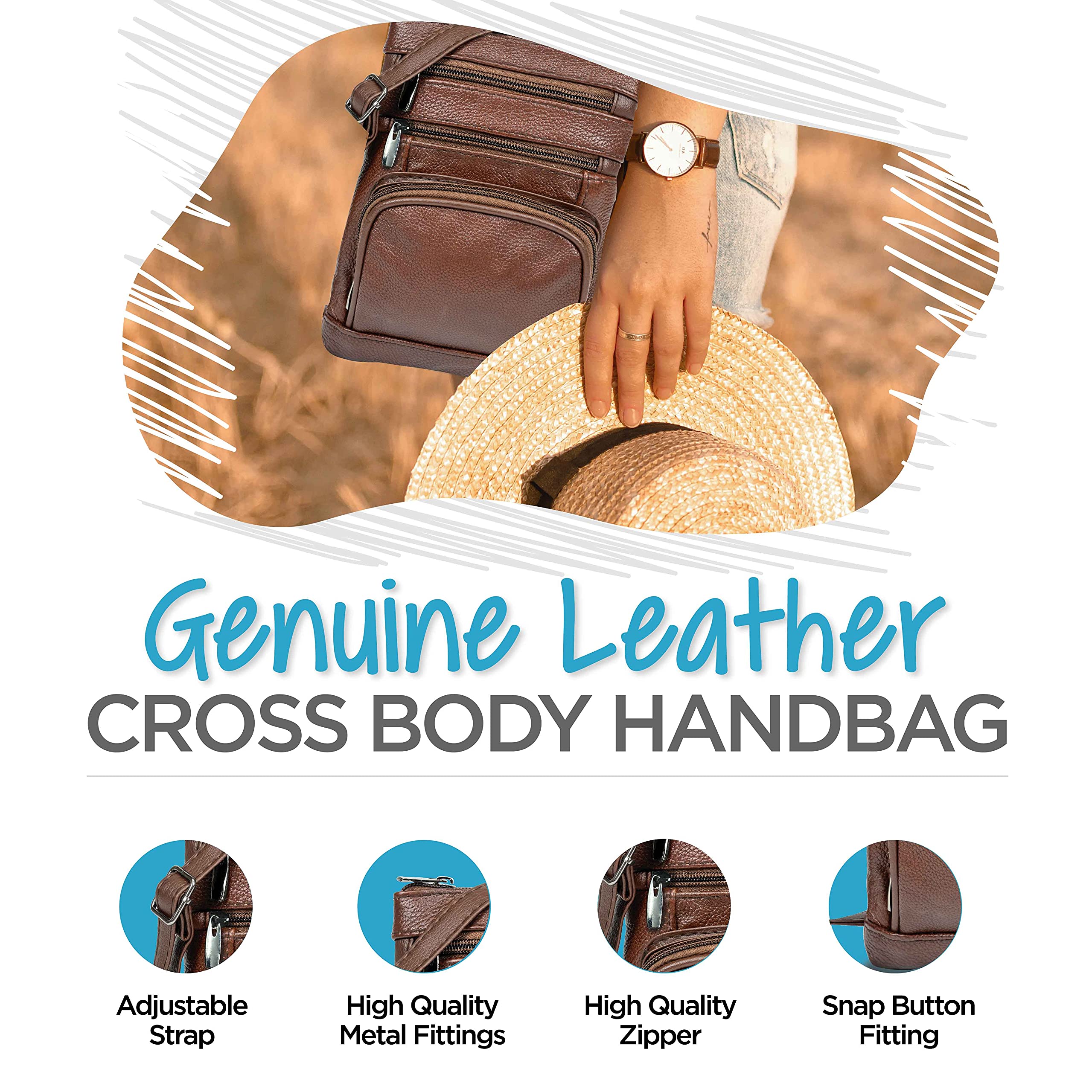 Krediz Genuine Leather Crossbody Bags for Women - Adjustable Strap Multi-Pocket Shoulder Purse - Soft & Durable Handbag for Daily Use, Travel & Shopping