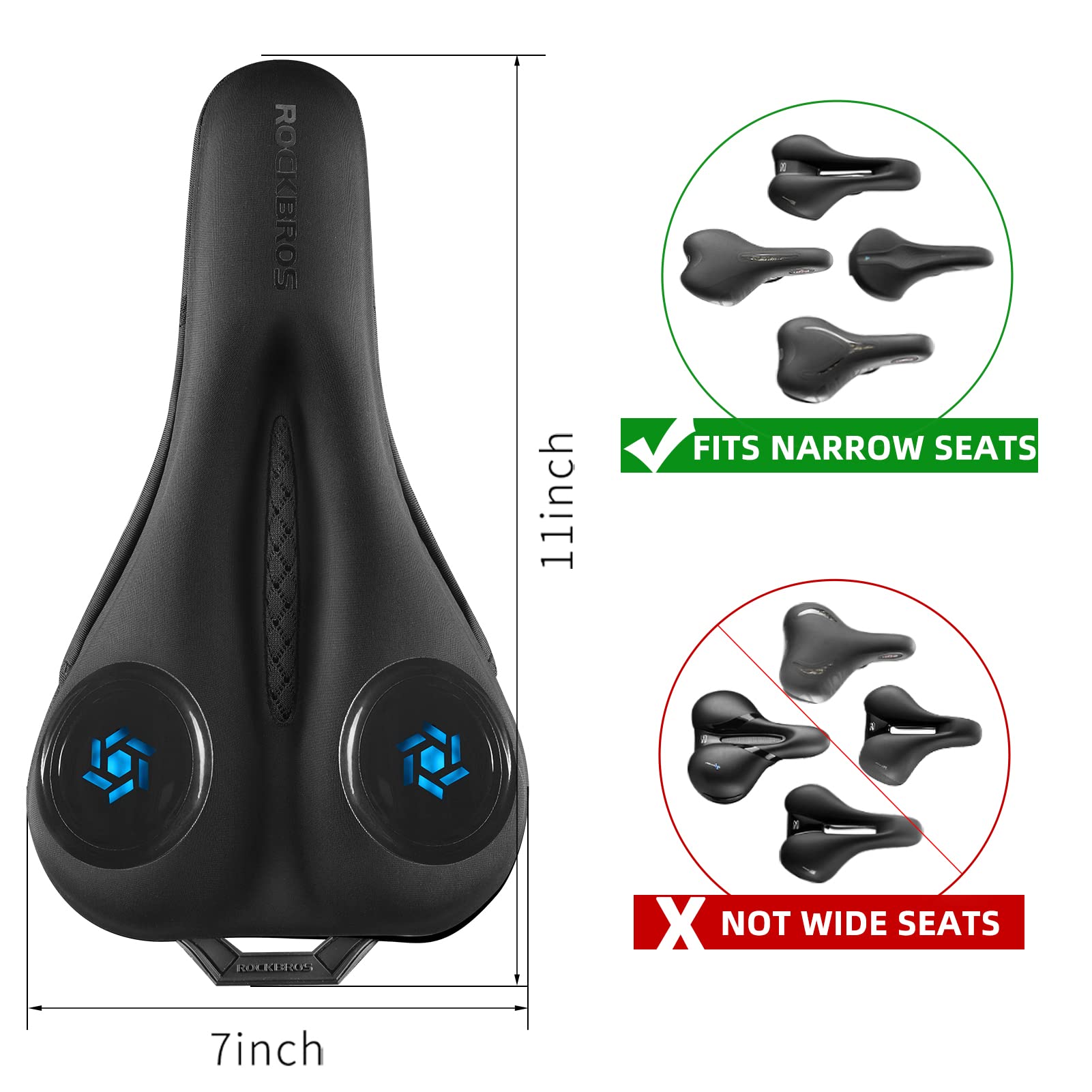 ROCKBROS Gel Bike Seat Cushion - Comfortable Padded Narrow Bicycle Saddle Cover for Peloton, Spin, Stationary & Exercise Bikes - Waterproof Rain Cover Included (11x7 Inches) - Perfect for Indoor Cycling, Mountain & Road Biking