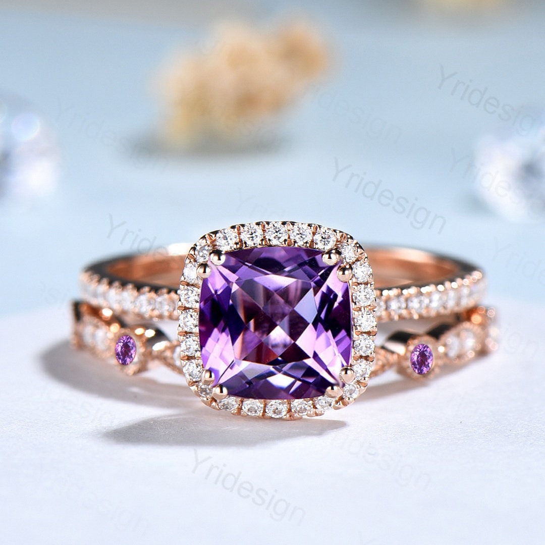 Vintage Cushion Cut Amethyst Wedding Ring Set in 14K Rose Gold - Art Deco Halo Diamond Bridal Set for Women | Engagement, Anniversary & Special Occasion Jewelry Gift