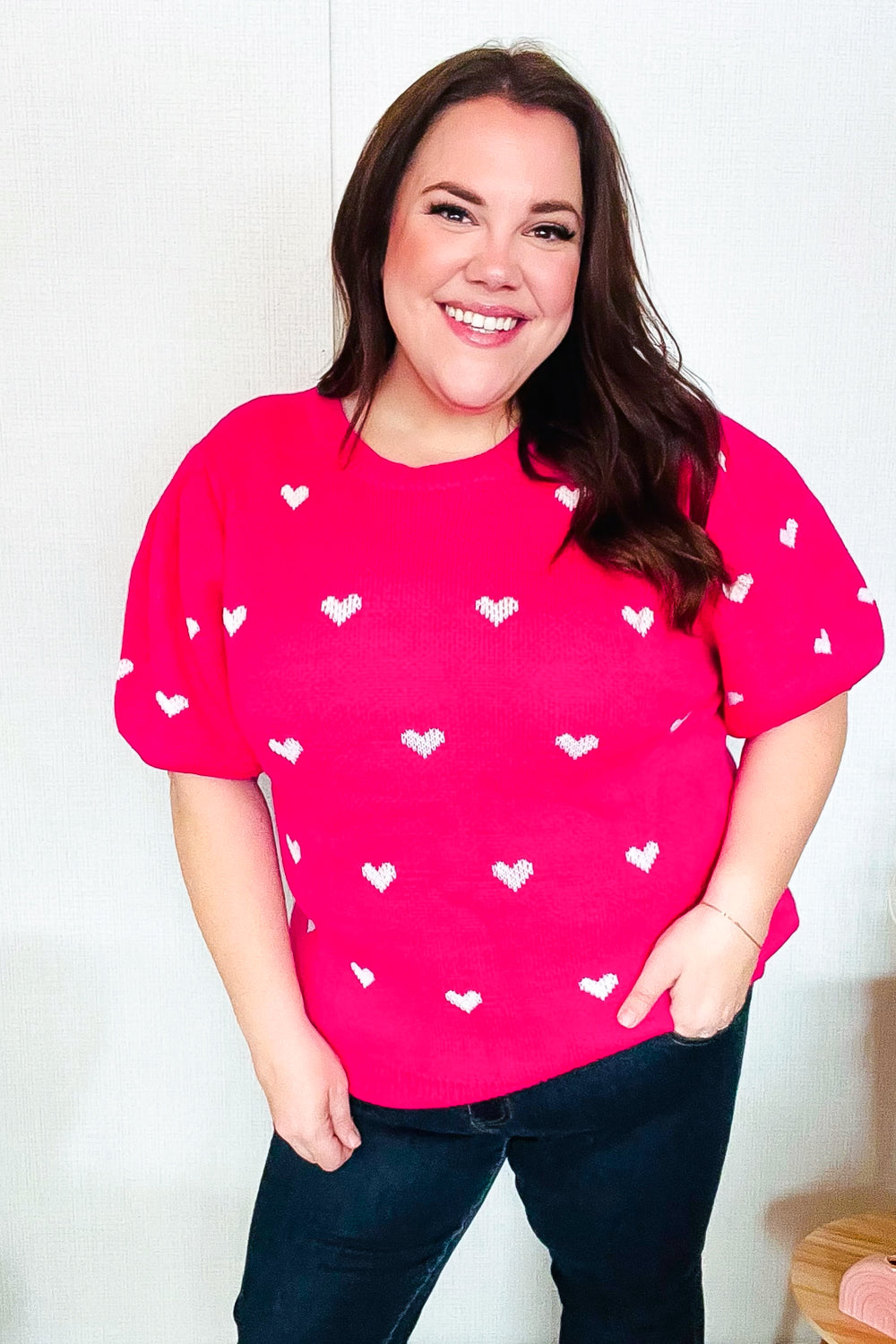 Be Mine Pink & White Heart Oversized Jacquard Sweater | Women's Valentine's Day Knit Pullover | Cozy Winter Fashion for Date Night & Casual Outings