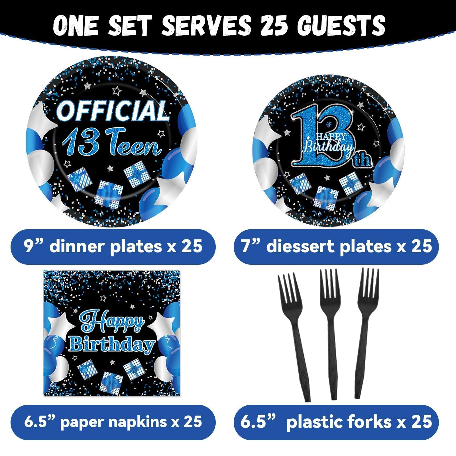 100 Pcs Blue 13th Birthday Party Supplies Set - Disposable Plates, Napkins & Forks for Boys | Teen Birthday Decorations, Tableware & Favors for 13 Year Olds | Perfect for Teen Birthday Parties, Celebrations & Dinnerware