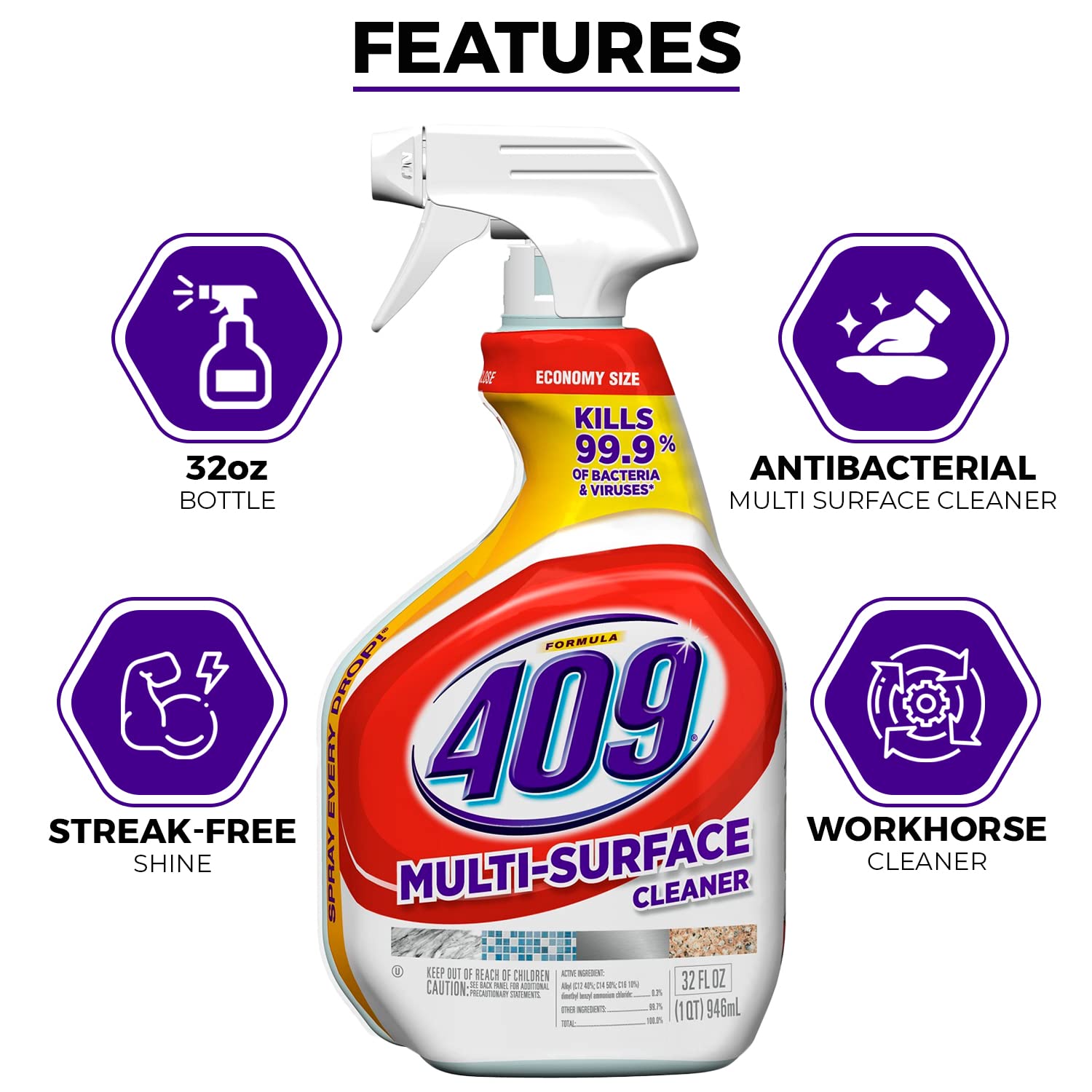 Original & Lemon Scent 409 Cleaner Spray Bundle - 32oz Each (64oz Total) | Multi-Surface Household Cleaning Kit for Kitchen, Bathroom, Countertops | Degreaser, Stain Remover & Disinfectant Spray for Home & Office Use