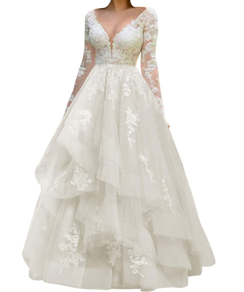 Elegant Long Sleeve Lace Wedding Dress with V-Neck & Ruffles - Romantic Bridal Gown for Church, Beach, or Garden Weddings