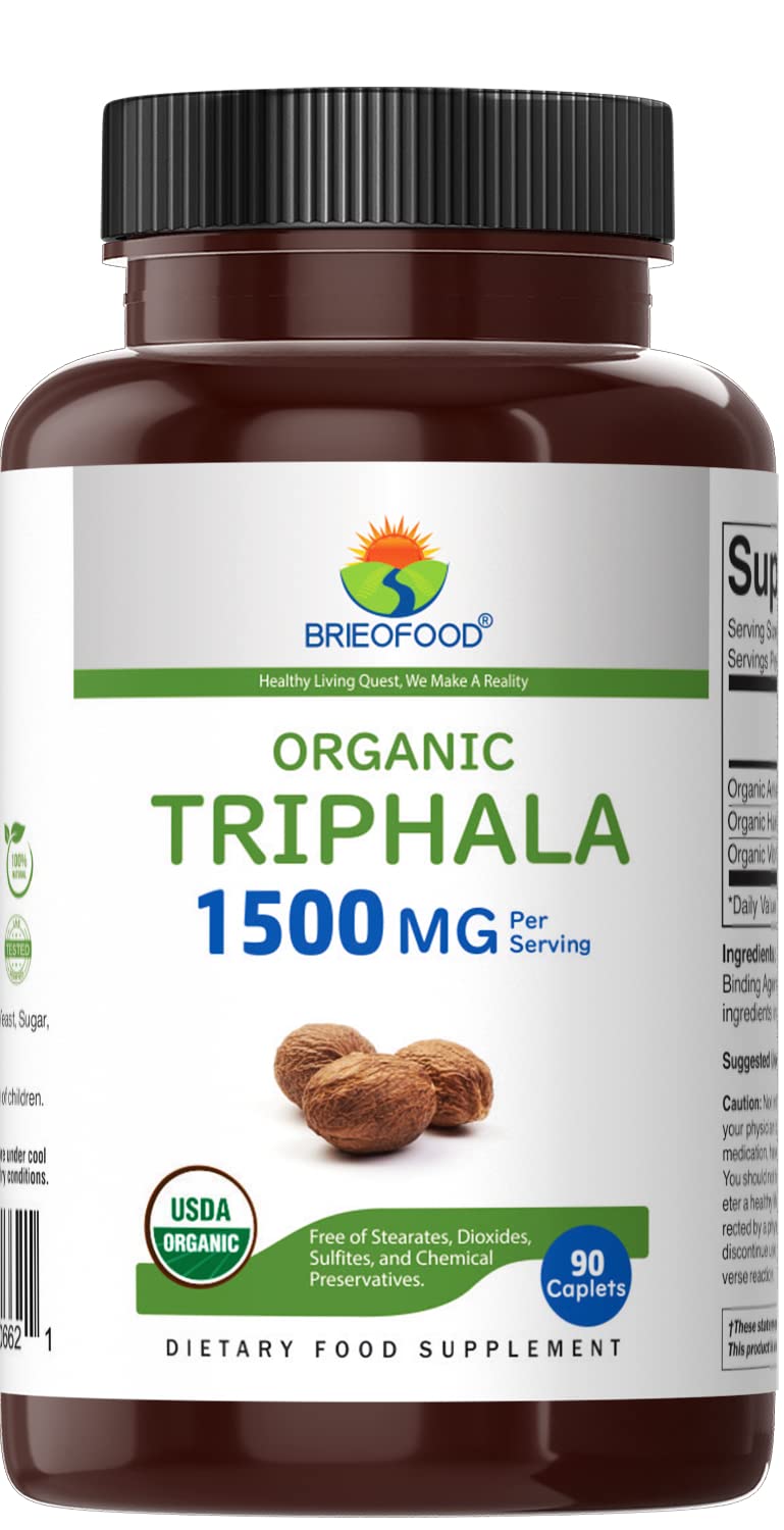 Brieofood Organic Triphala 1500mg - 90 Vegetarian Tablets, 45 Servings, Gluten Free & Vegan Supplement for Digestive Health | Supports Detox, Immunity & Daily Wellness