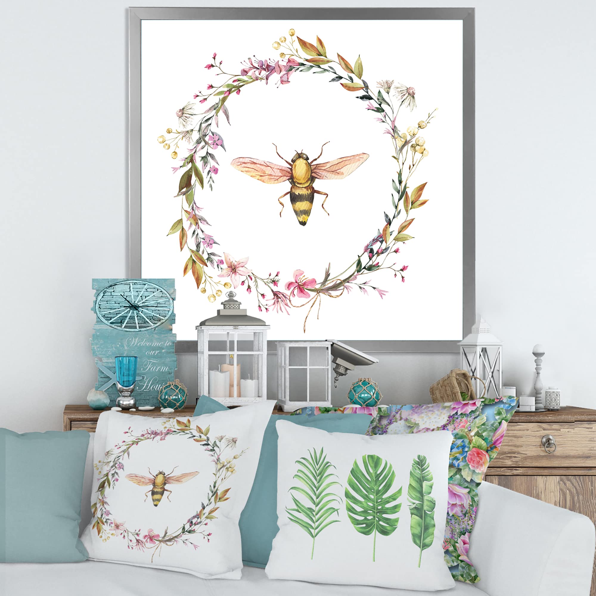 Bee in Wildflowers Wreath - Farmhouse Style Framed Wall Art Decor for Living Room, Bedroom & Kitchen