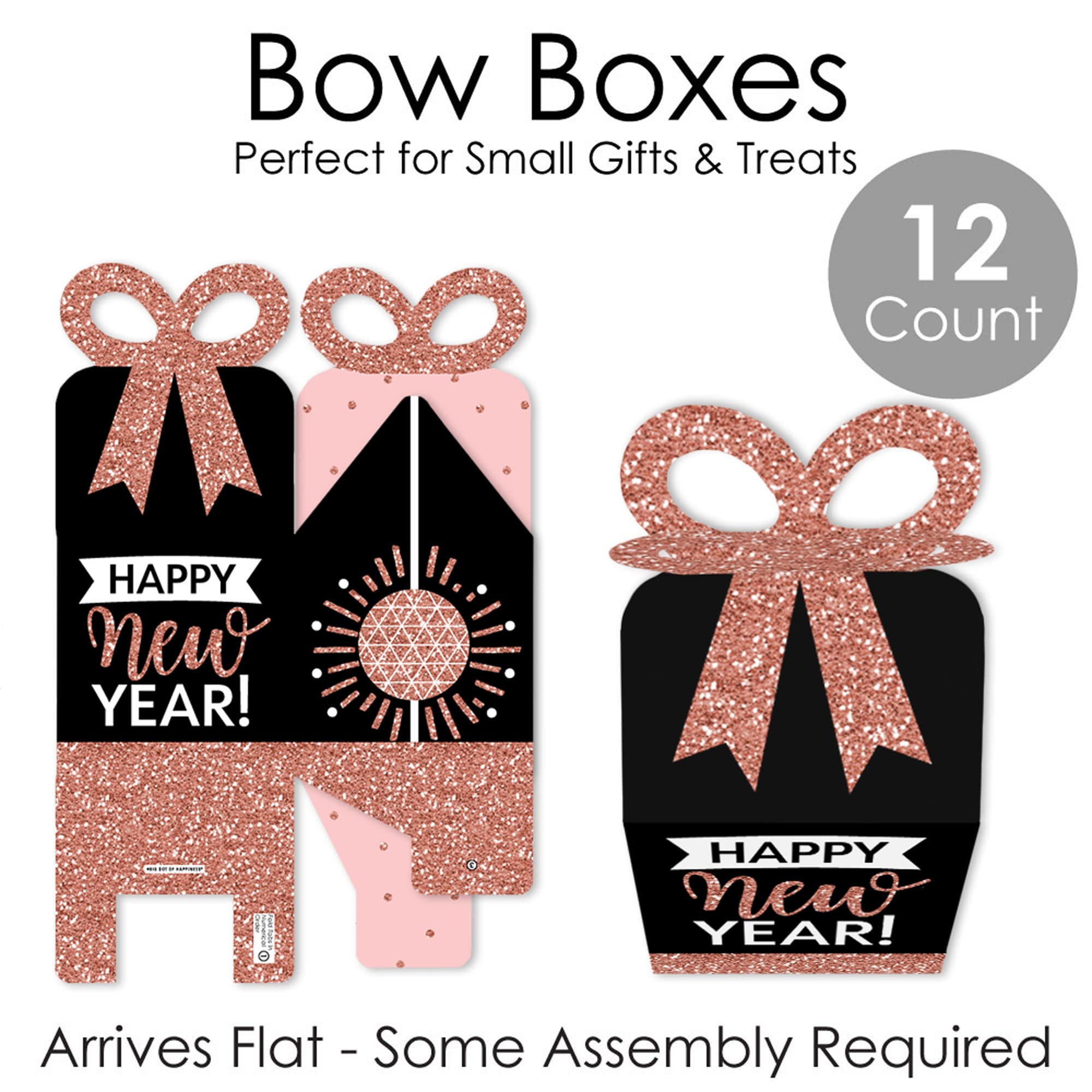 Rose Gold Happy New Year Favor Gift Boxes - Set of 12 Elegant Square Party Bow Boxes for New Year's Eve Celebrations, Wedding Favors & Special Occasions