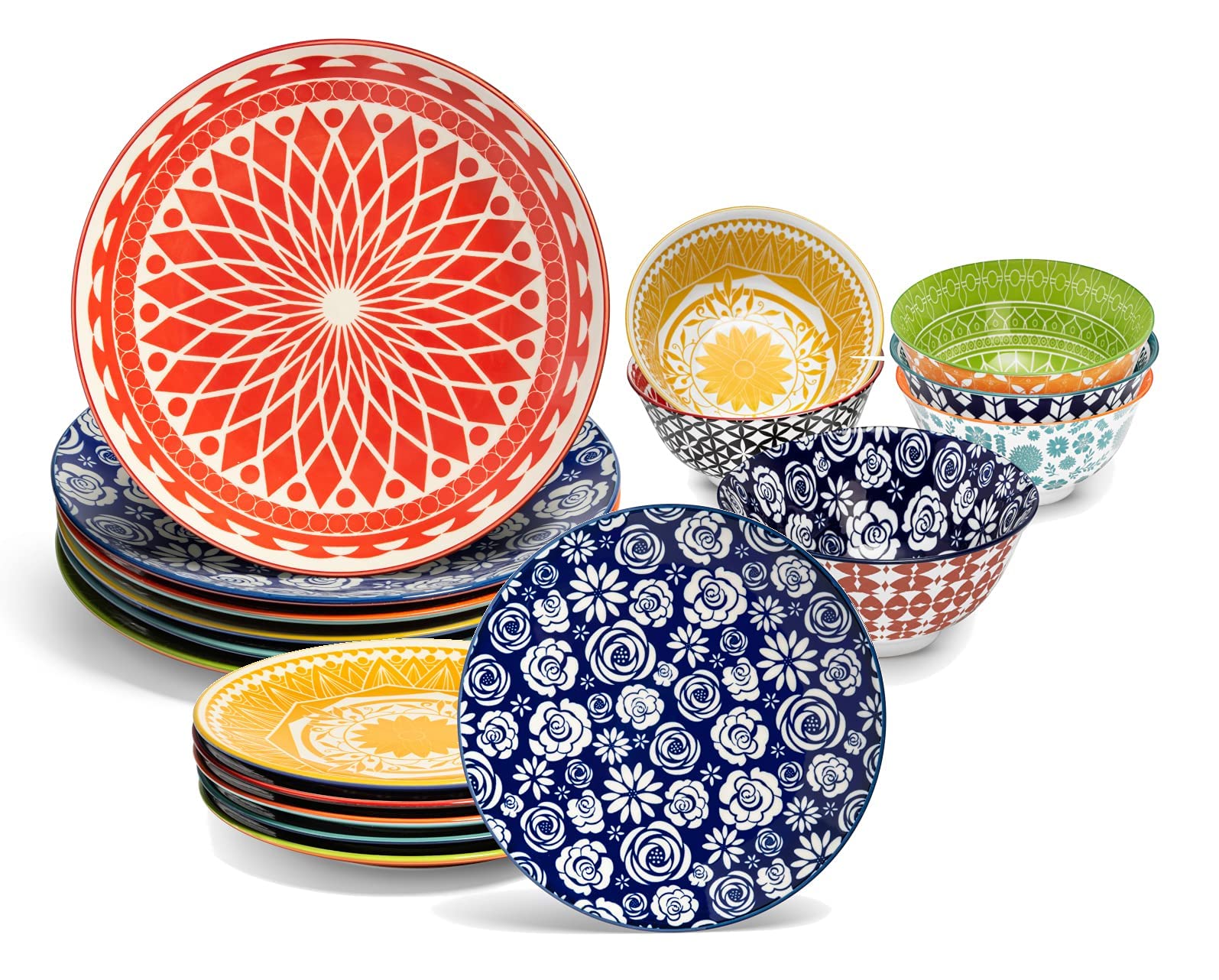 Annovero 16-Piece Colorful Porcelain Dinnerware Set - Cereal Bowls, Salad Plates & Dinner Plates | Microwave & Dishwasher Safe | Elegant Tableware for Everyday Meals, Parties & Home Decor