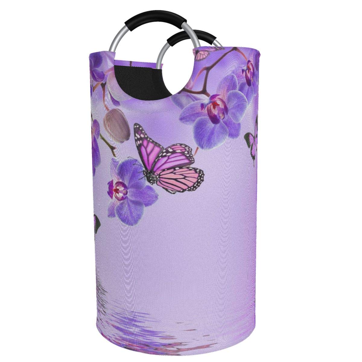 Dujiea 82L X-Large Collapsible Laundry Hamper with Aluminum Handles - Purple Butterfly Design, Tall Round Clothes Storage Basket for Kids, Dorm Room, Bedroom & Bathroom Organization
