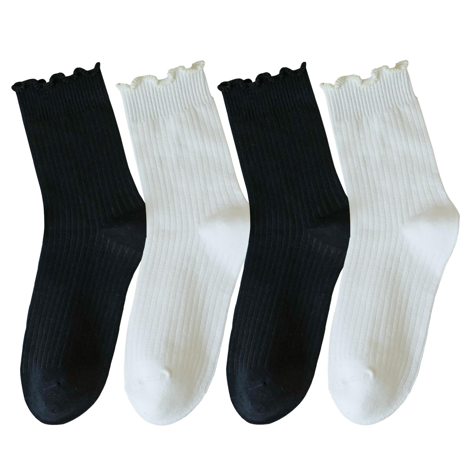 Zrylibya Women's Cute Ruffle Frilly Ankle Socks - 4 Pairs Pack of Solid Color Casual Crew Socks for Everyday Wear, Workout & Fashion Outfits