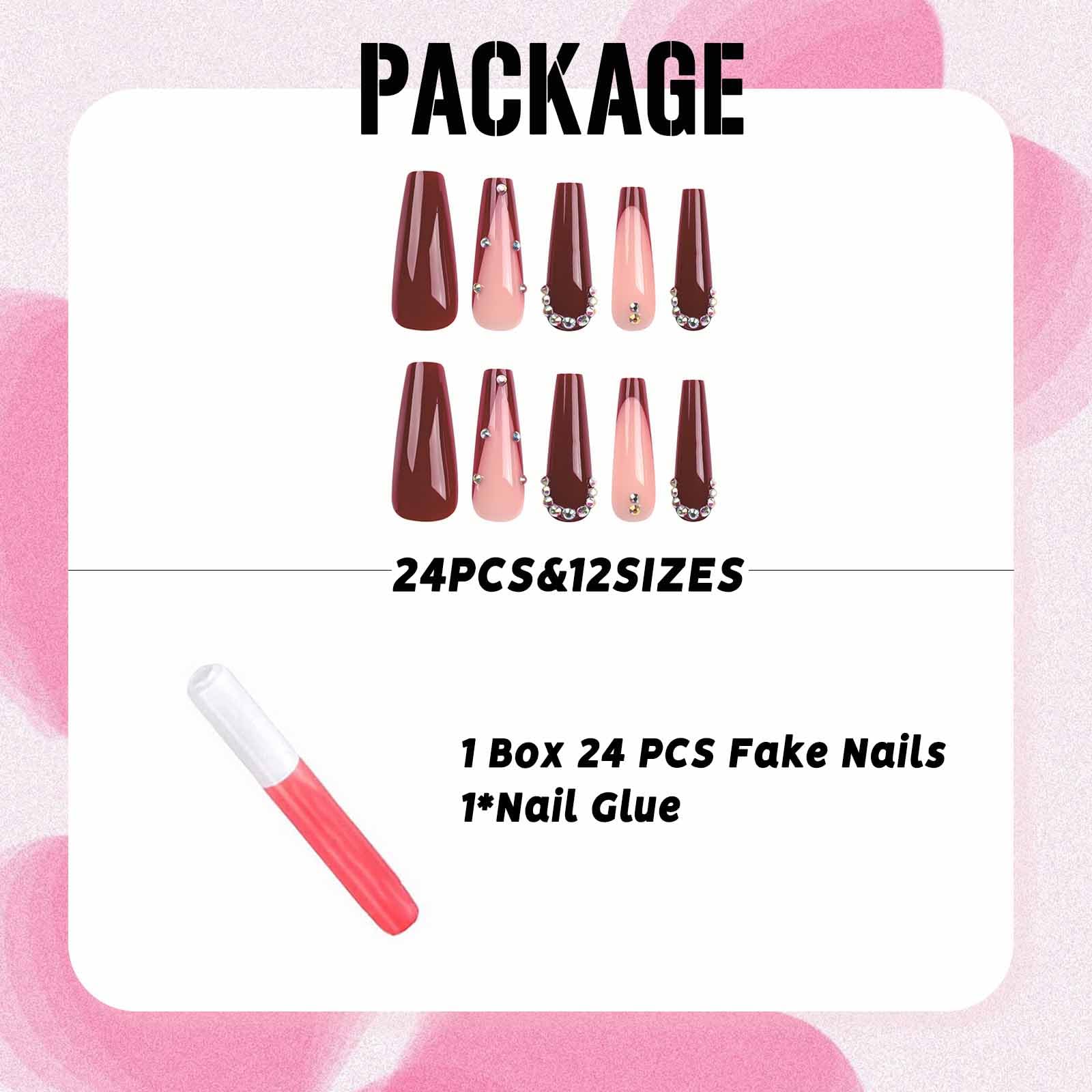 IMSOHOT 24 Pcs Coffin Long Press on Nails - Red French Tip Fake Nails with Rhinestone Designs, Full Cover Glue on Acrylic Ballerina Nails Kit for Women | Perfect for Parties, Weddings & Special Occasions