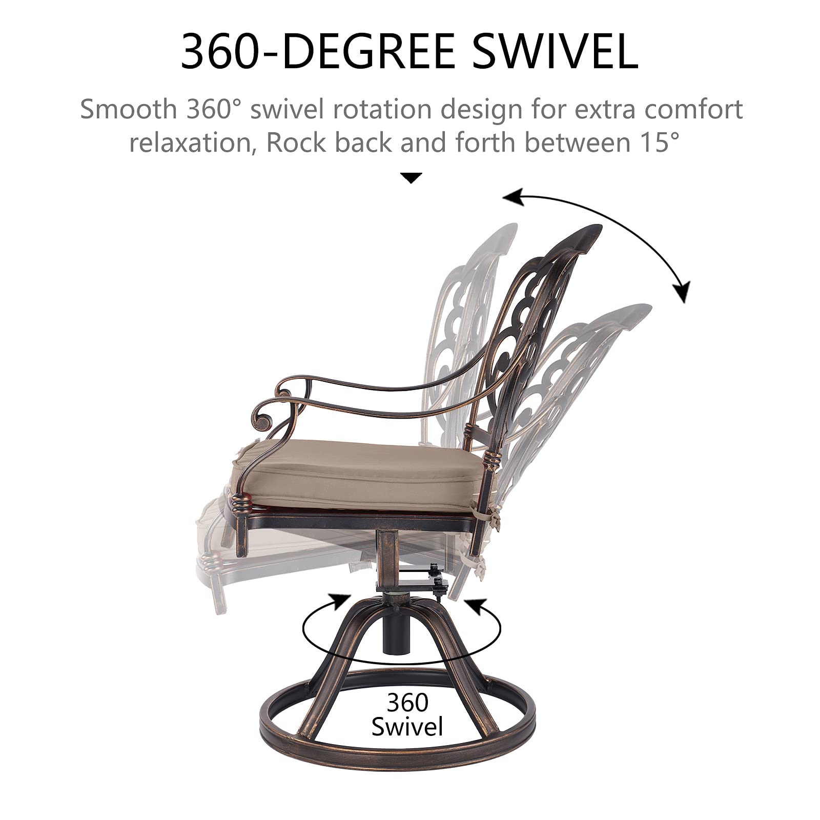 TITIMO 2-Piece Outdoor Patio Dining Chair Set - Cast Aluminum Swivel Rocker Bistro Chairs with Khaki Cushions - Antique Bronze Garden Furniture for Deck, Backyard & Poolside Relaxation