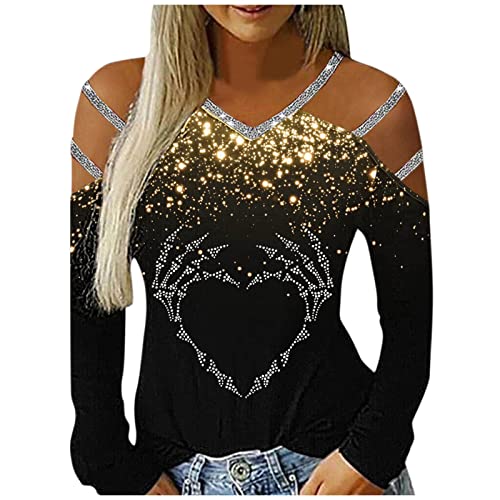 Stylish White Women's Uniform Shirt - Rhinestone Love Print Casual Top with Hollow Out Design - Athletic Wear for Women (Gold, XXL) - Perfect for Work, Gym & Casual Outings
