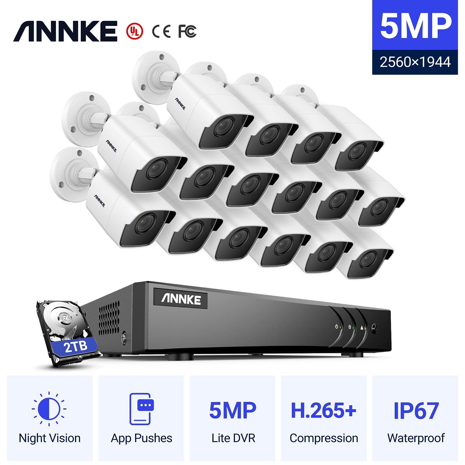 ANNKE 16 Channel 5MP Security Camera System with H.265+ DVR & 2TB HDD - 16pcs 5MP Weatherproof Indoor Outdoor Surveillance Cameras - Remote Viewing & 100ft Night Vision - Ideal for Home Security, Business Monitoring & Property Protection