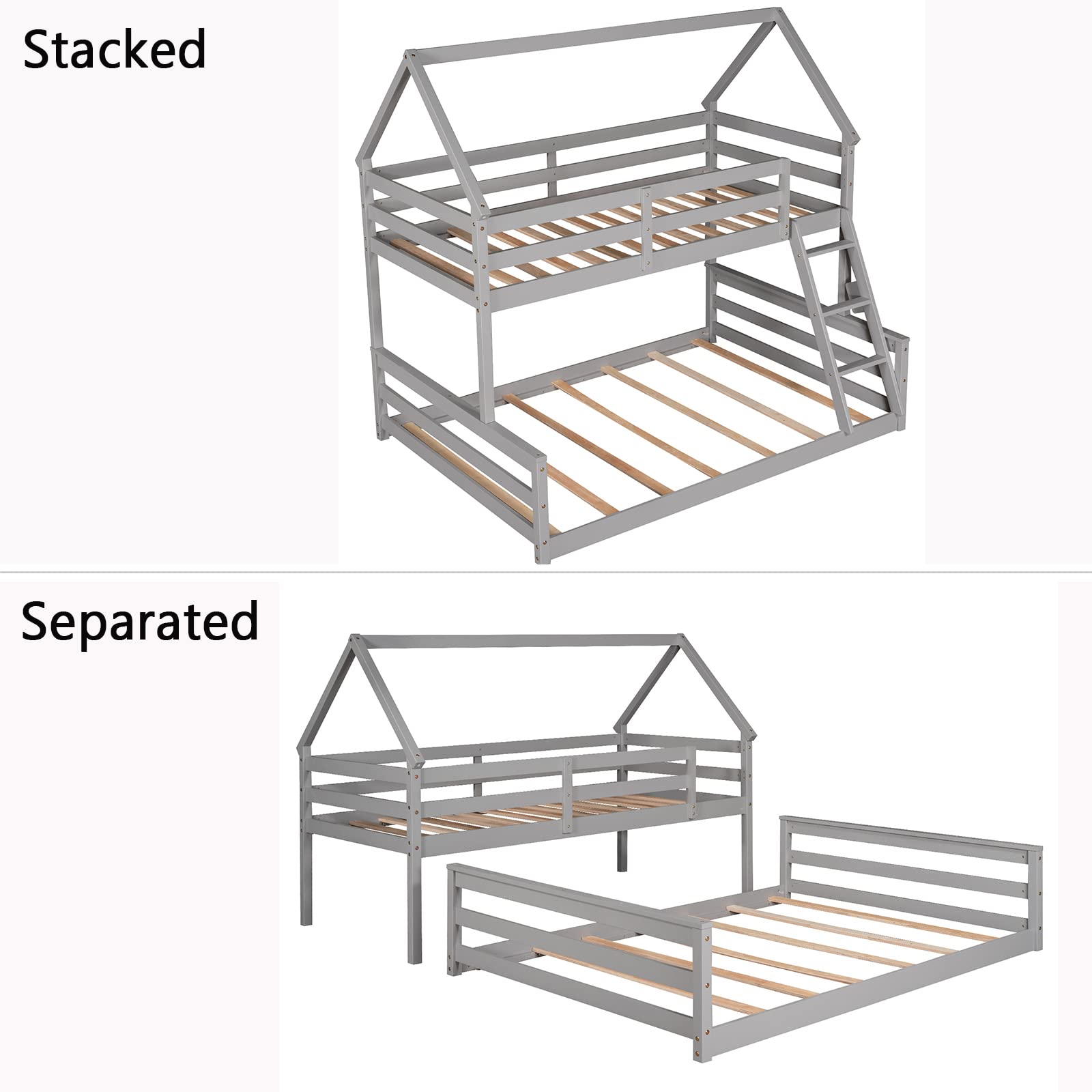 MERITLINE Twin Over Full Bunk Bed with Ladder & Safety Rail - Sturdy Wooden Kids Bunk Bed for Boys & Girls - Space-Saving Detachable Design for Growing Families (Grey) - Perfect for Small Bedrooms, Shared Kids Rooms & Vacation Homes