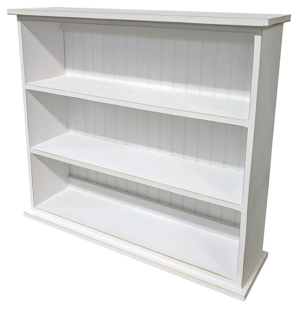 Pine Wood Bookcase with 3 Shelves - Rustic Cottage White Finish | Perfect for Living Room, Bedroom & Home Office Storage