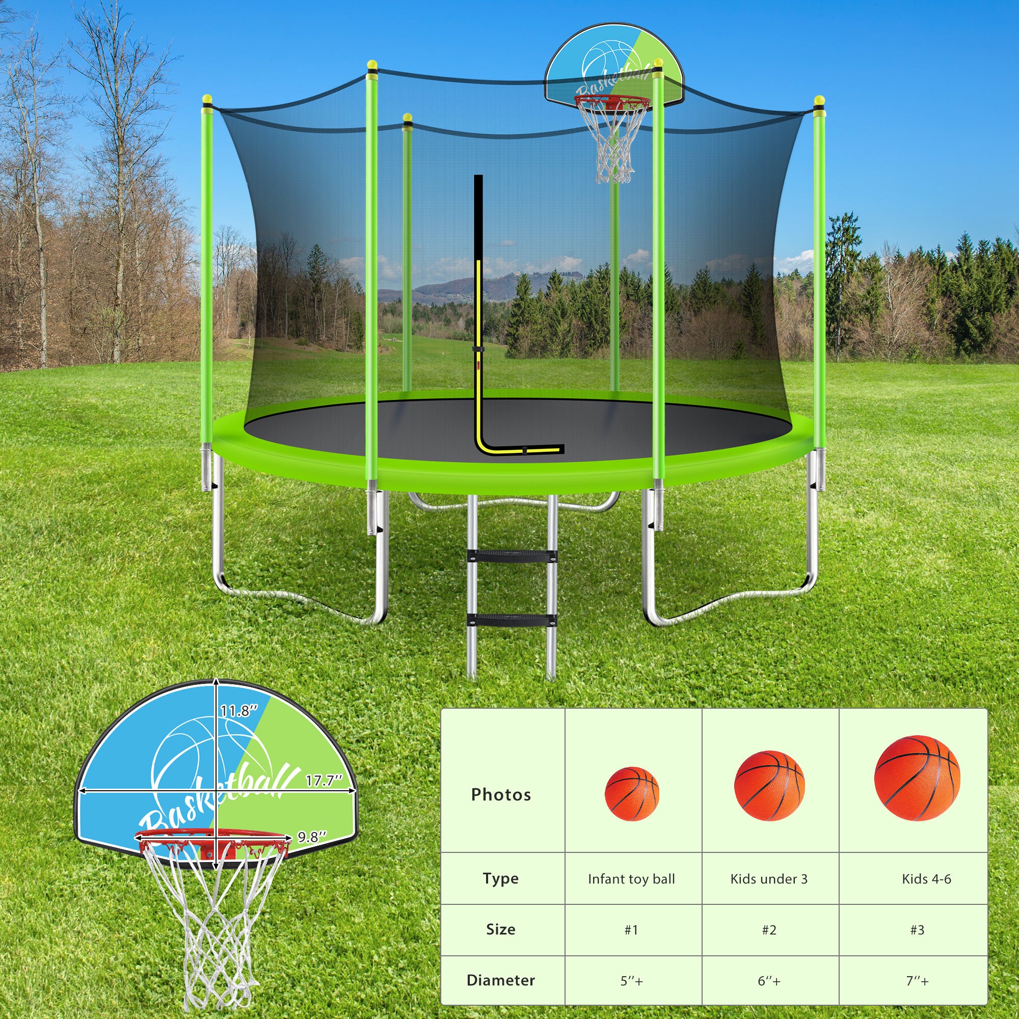 10FT Kids Trampoline with Safety Enclosure Net, Basketball Hoop & Ladder - Easy Assembly Outdoor Round Bouncer for Backyard, Garden & Playground Fun