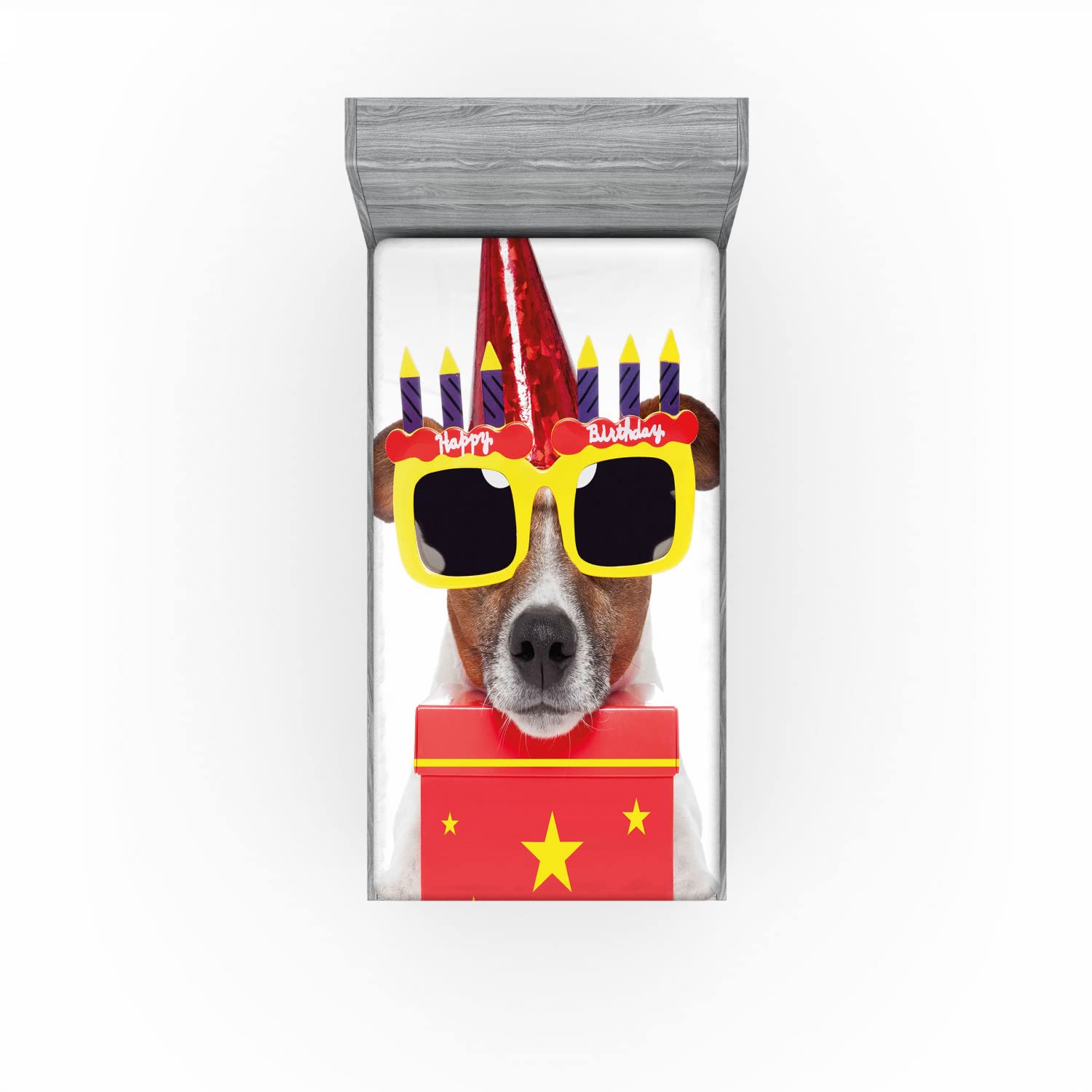 Ambesonne Dog Birthday Fitted Sheet, Twin XL, Yellow & Red - Perfect for Pet Parties & Themed Decor