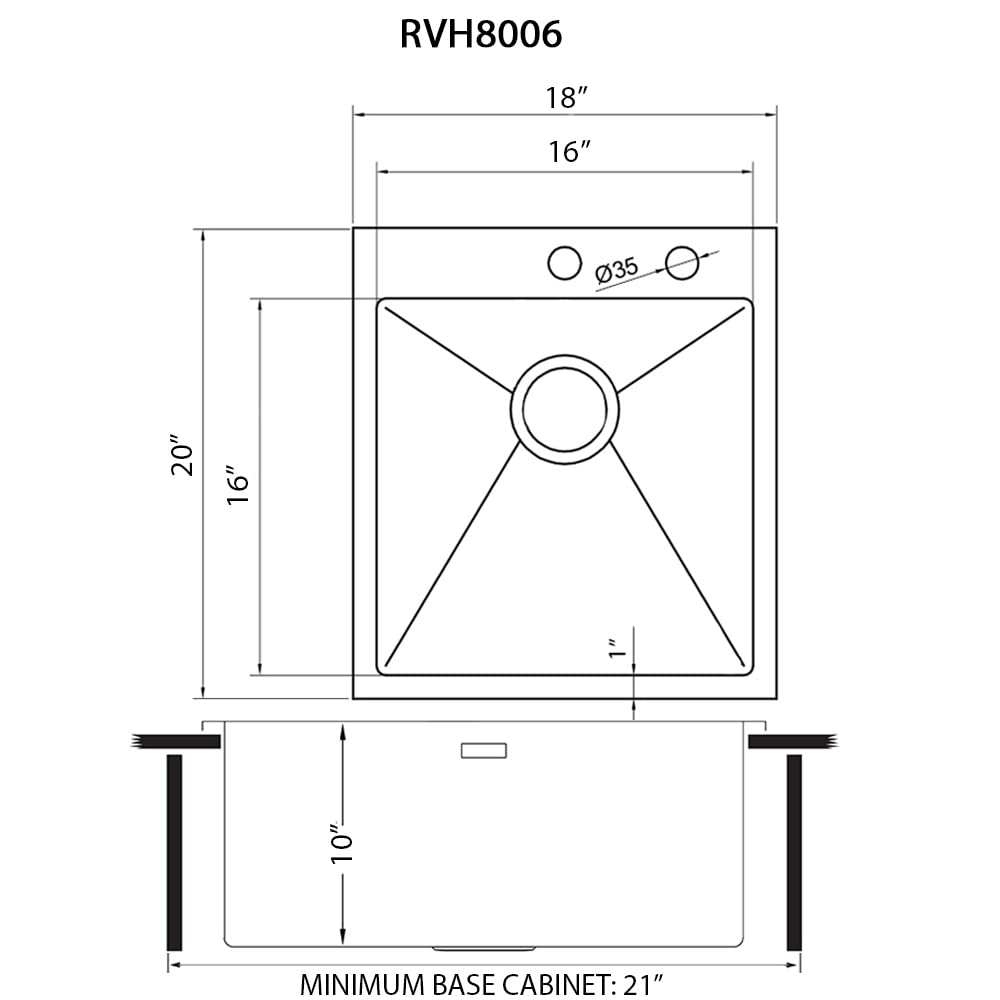 Ruvati 18 x 20 Inch Drop-in Topmount Stainless Steel Kitchen Sink - 16 Gauge Single Bowl with Brushed Finish, Easy to Clean, Rounded Corners (Model RVH8006) | Perfect for Modern Kitchens, RV Campers & Small Space Installations