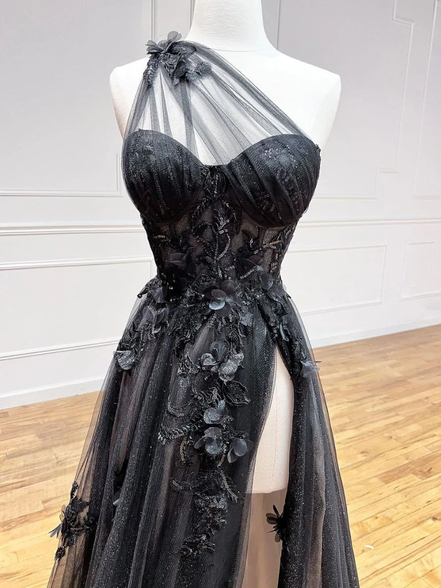 2025 Black One Shoulder Long Prom Dresses for Women - Elegant Formal Evening Gown with High Slit - Perfect for Homecoming, Ball, Wedding & Special Occasions