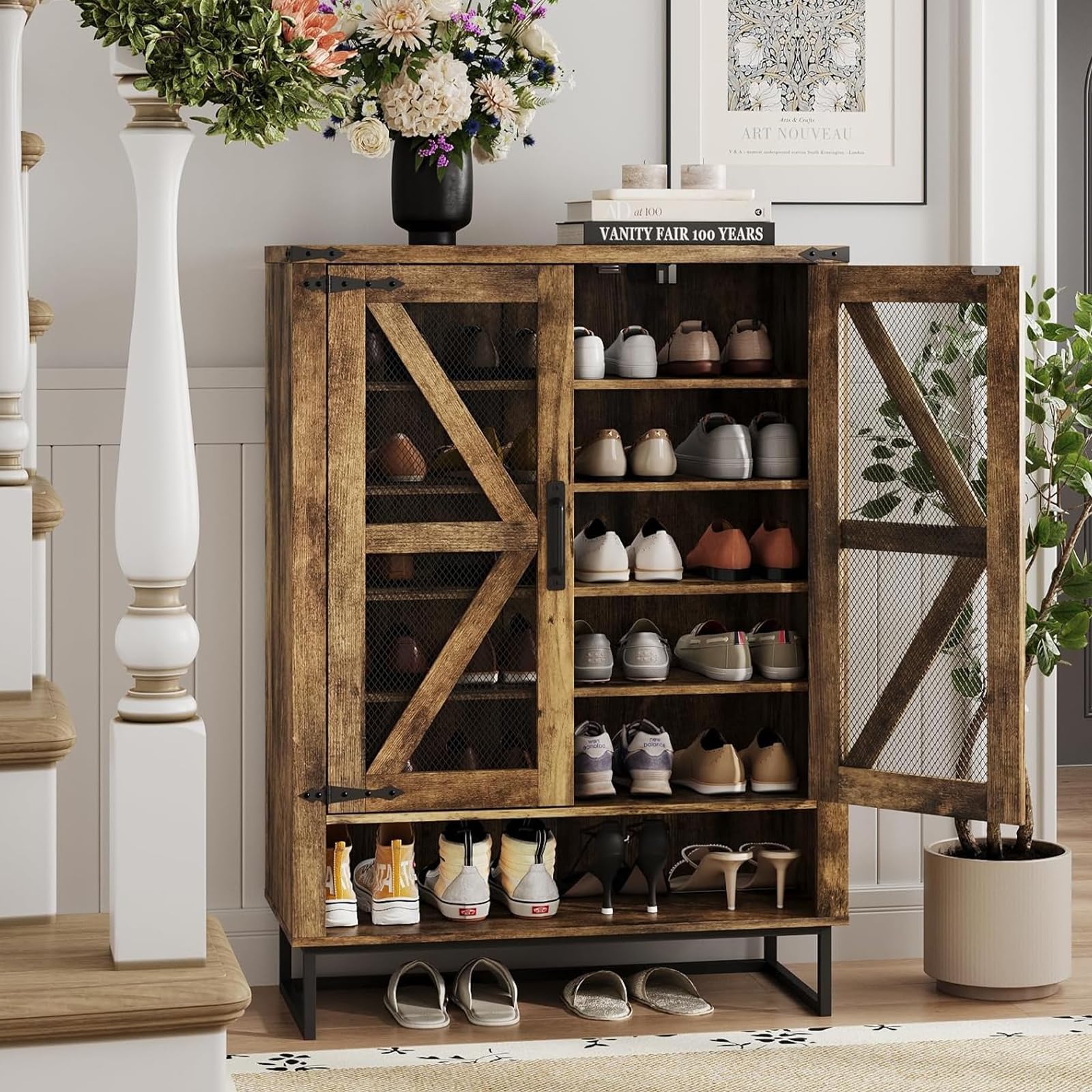Maupvit 6-Tier Farmhouse Shoe Cabinet with Doors - Adjustable Shelves & Sturdy Metal Legs, Rustic Entryway Storage Organizer for Hallway, Closet & Living Room | Perfect for Small Spaces & Home Organization