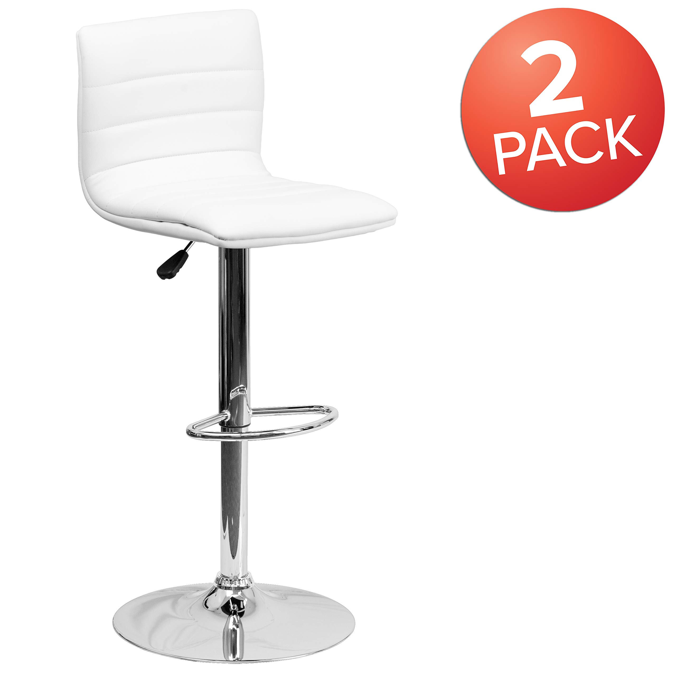 2 Pack White Vinyl Adjustable Height Bar Stools with Horizontal Stitch Back - Perfect for Kitchen Island, Breakfast Nook & Home Bar Counter Seating
