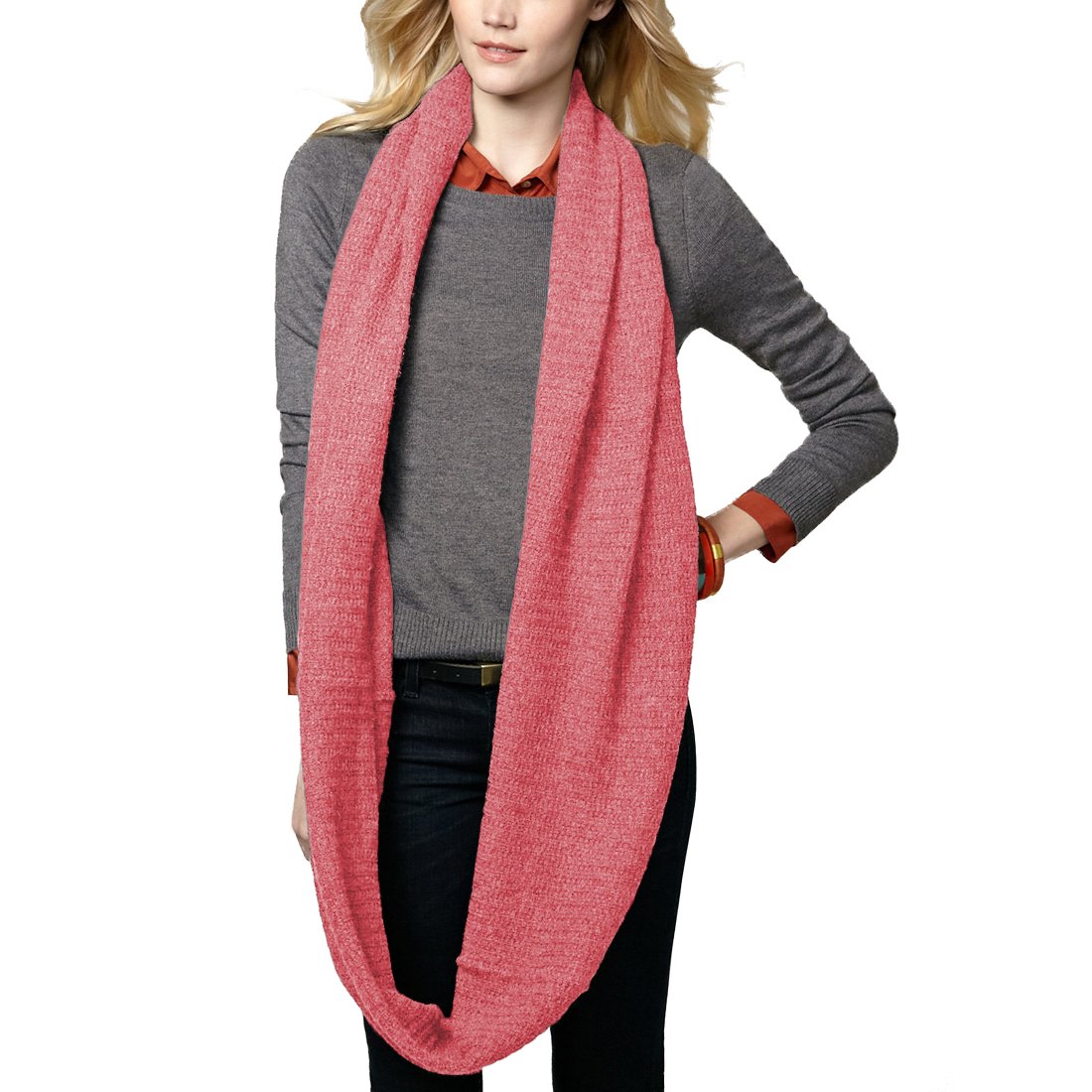 Parisbonbon Women's 100% Cashmere Classic Infinity Scarf - Soft Coral Pink Winter Wrap - Perfect for Cold Weather, Office & Gift Giving