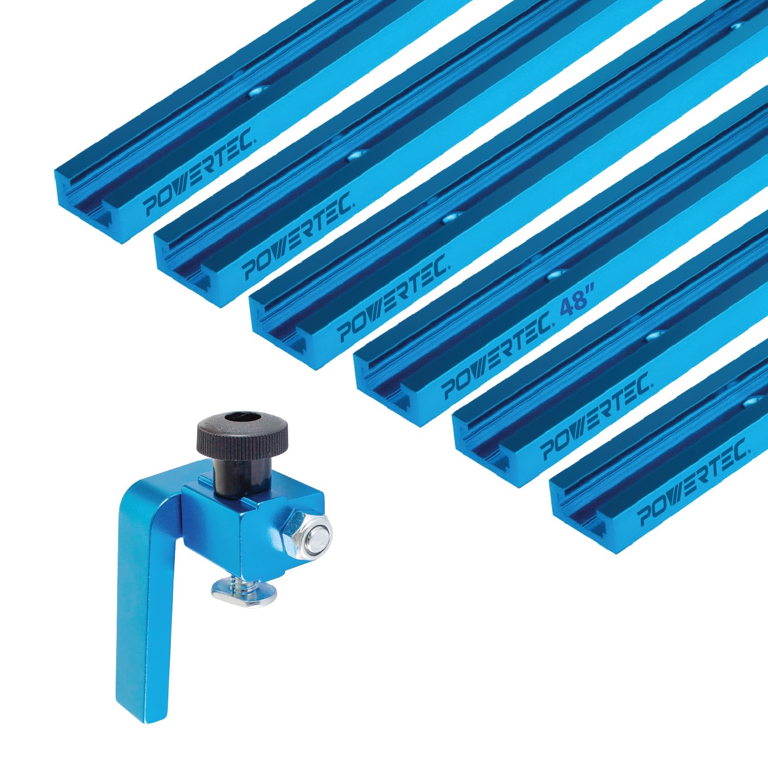 POWERTEC 72142 48-Inch x 6-Inch Universal T-Track with 3-Inch Flip Stop for Woodworking | Double-Cut Profile T-Track System with Adjustable Fence Stop | Perfect for Router Tables, Workbenches & DIY Projects